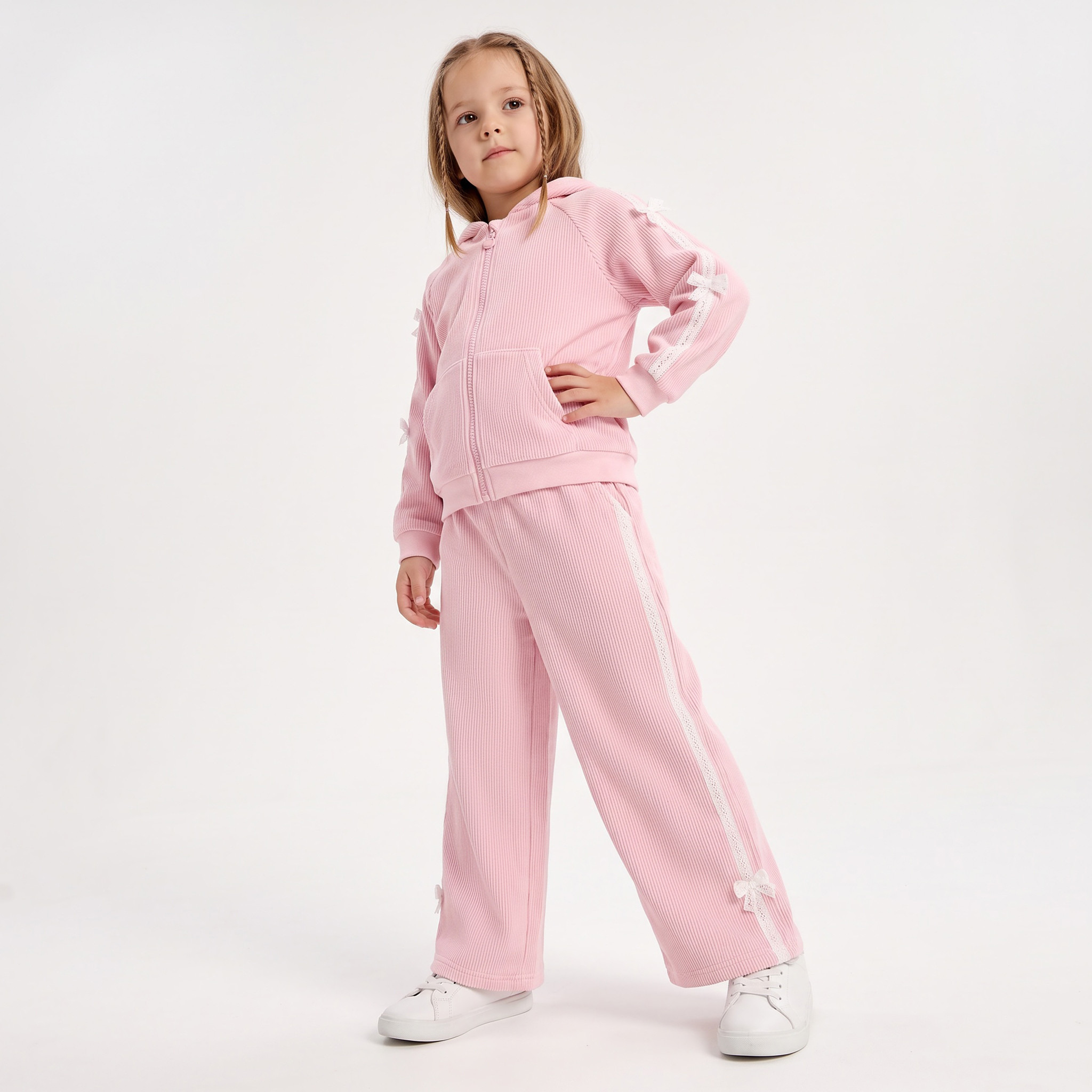Juniors Hooded Long Sleeves Sweatshirt and Pants Set with Bow Accent-girls-clothing-setsandcoords-image-1