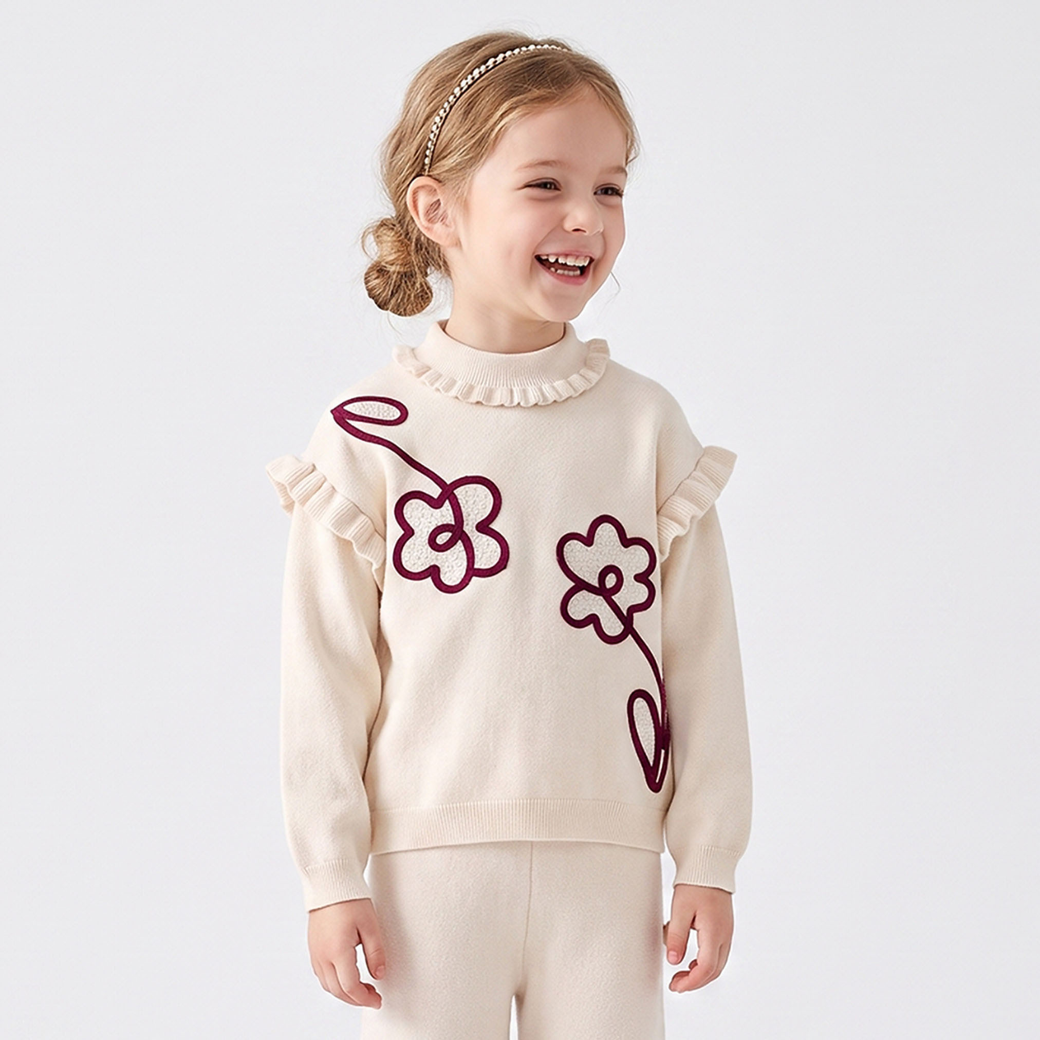 طقم بنطلون وكنزة برقبة عالية وأكمام طويلة وزخارف زهرية من جونيورز-baby-girls-clothing-setsandcoords-image-2
