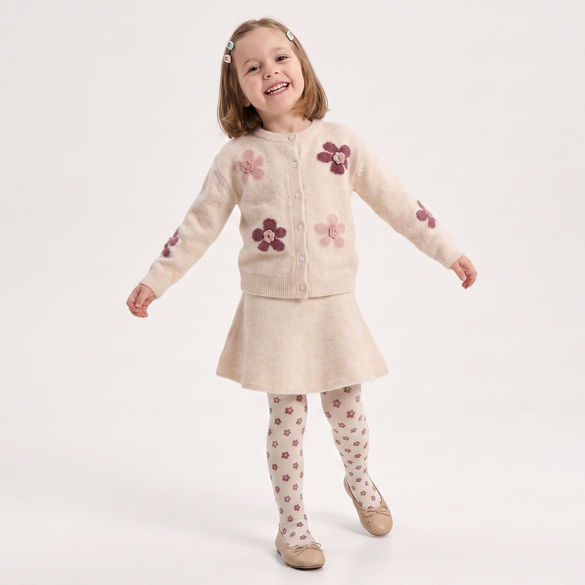 Set of 3 Juniors Round Neck Long Sleeves Cardigan and Skirt Set with Floral Print-baby-girls-clothing-setsandcoords-image-1