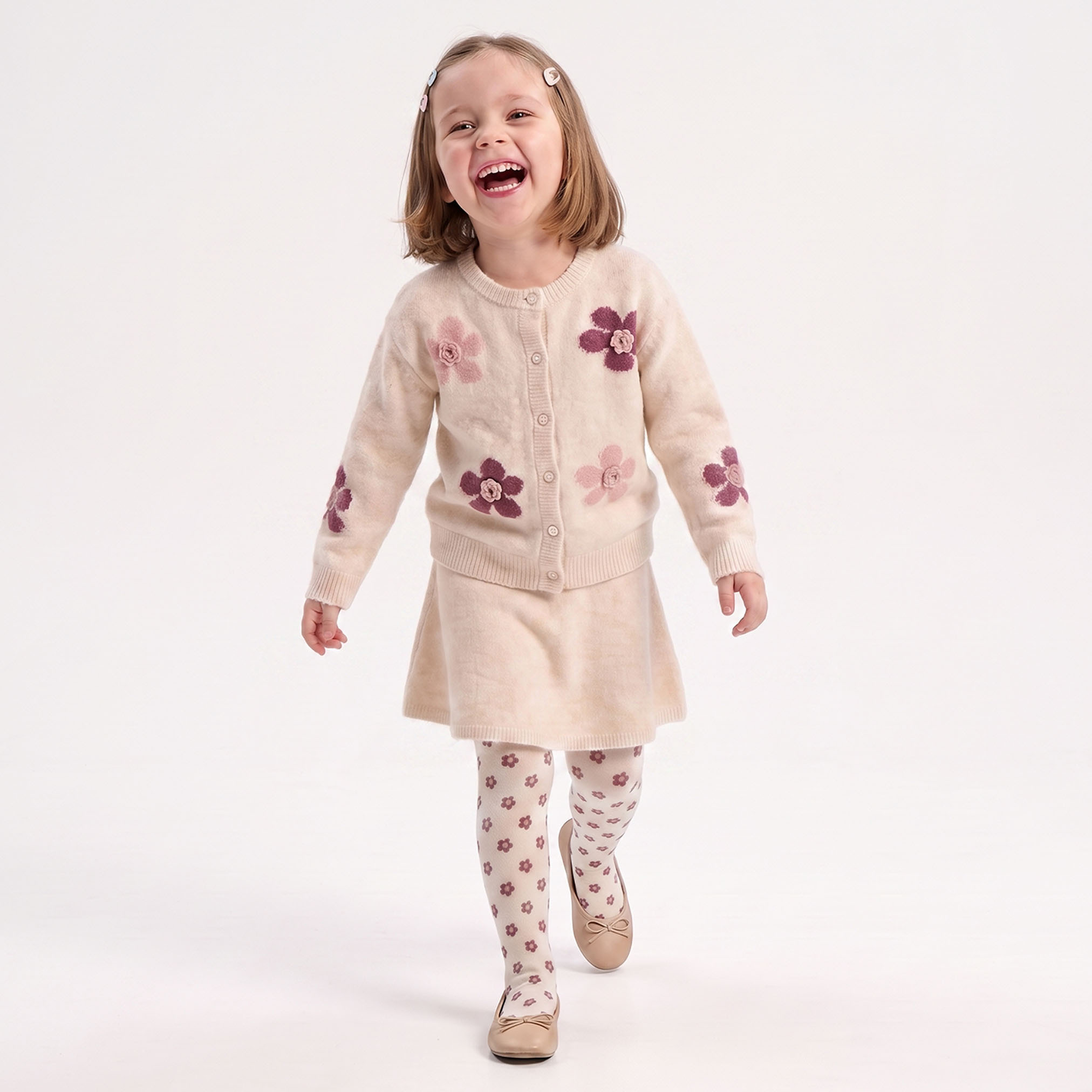 Set of 3 Juniors Round Neck Long Sleeves Cardigan and Skirt Set with Floral Print-baby-girls-clothing-setsandcoords-image-3
