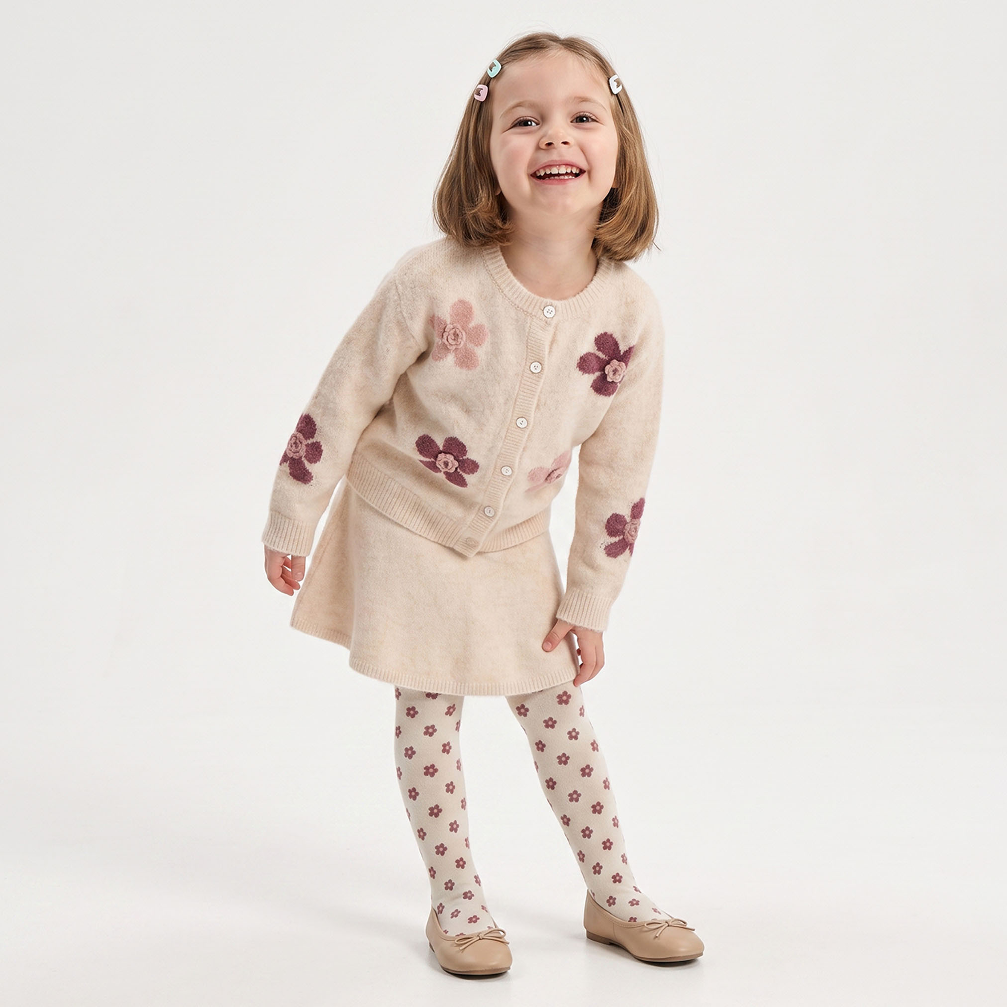 Set of 3 Juniors Round Neck Long Sleeves Cardigan and Skirt Set with Floral Print-baby-girls-clothing-setsandcoords-image-5