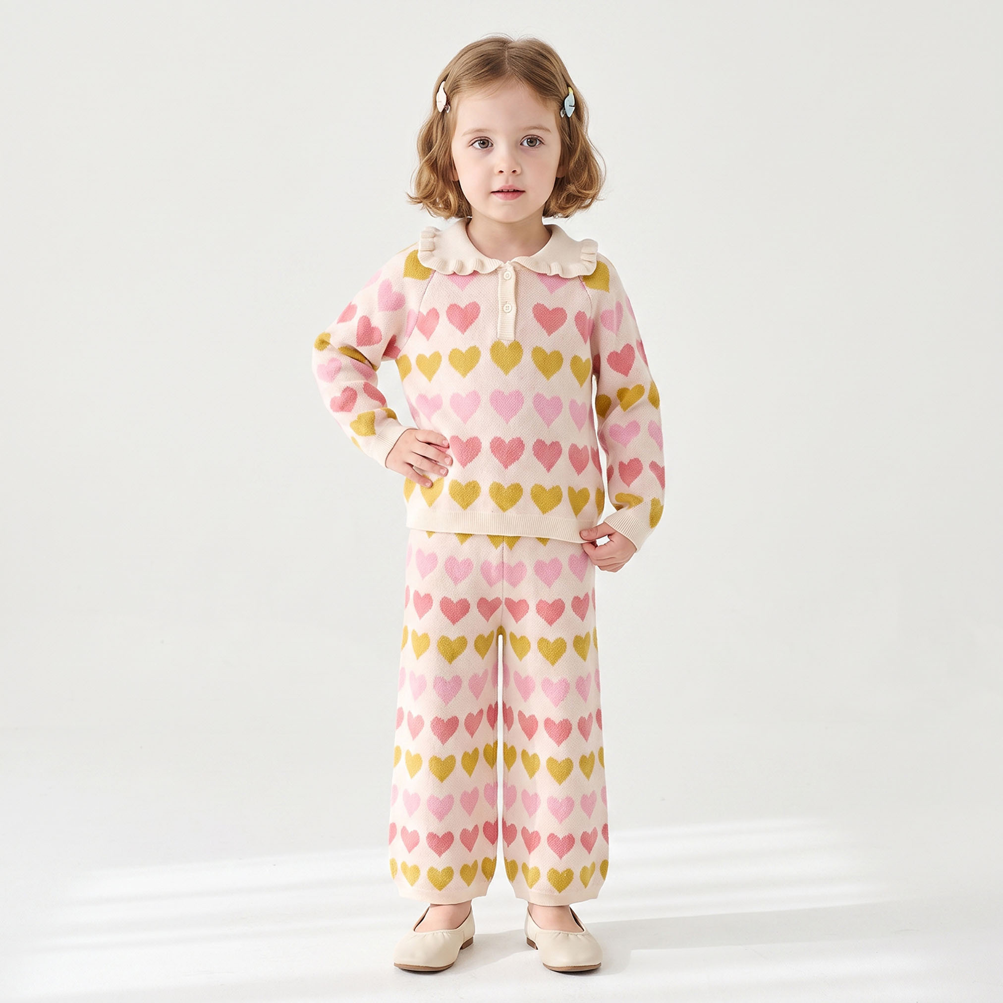 Juniors Collared Long Sleeves Sweater and Pants Set with Heart Print-baby-girls-clothing-setsandcoords-image-1