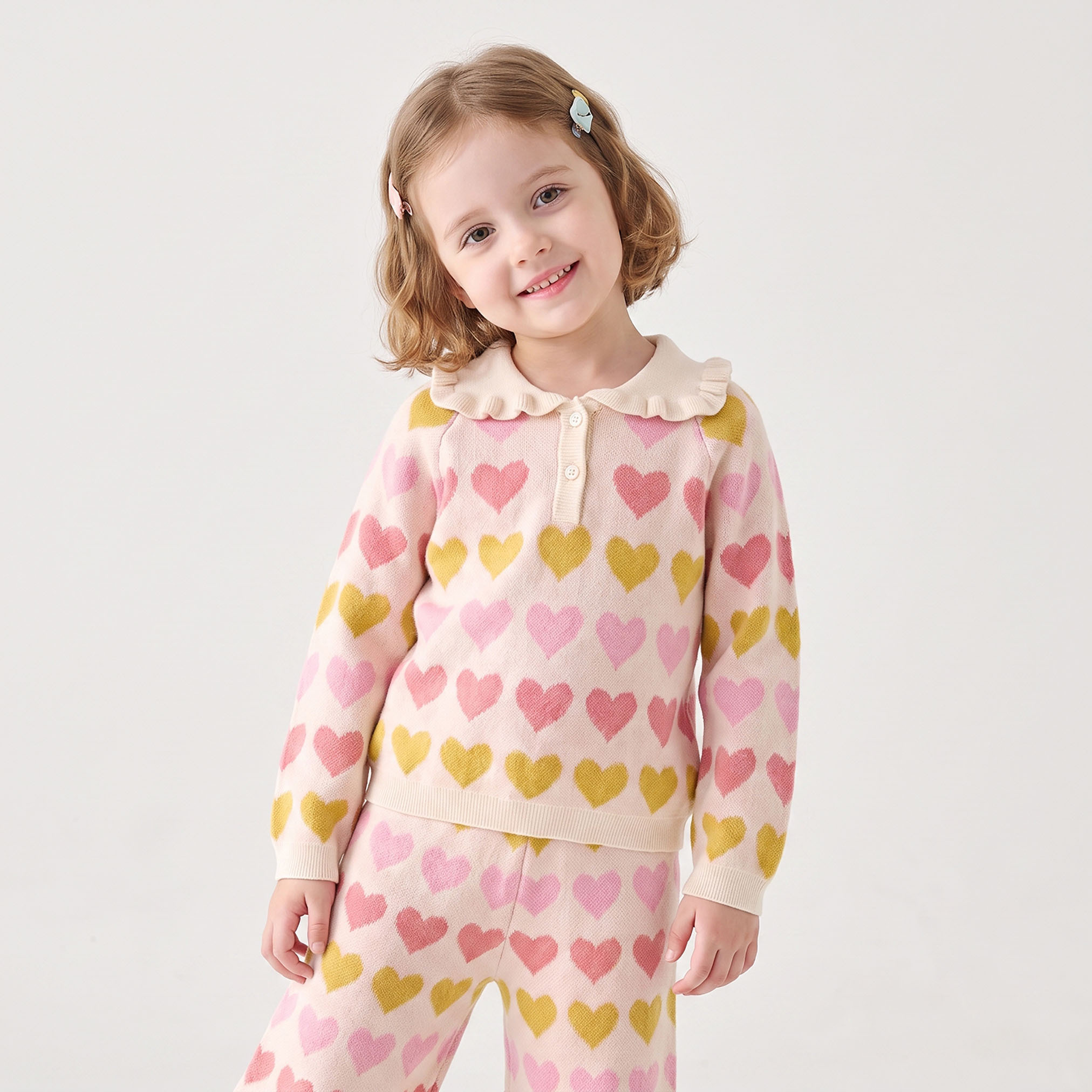 Juniors Collared Long Sleeves Sweater and Pants Set with Heart Print-baby-girls-clothing-setsandcoords-image-2