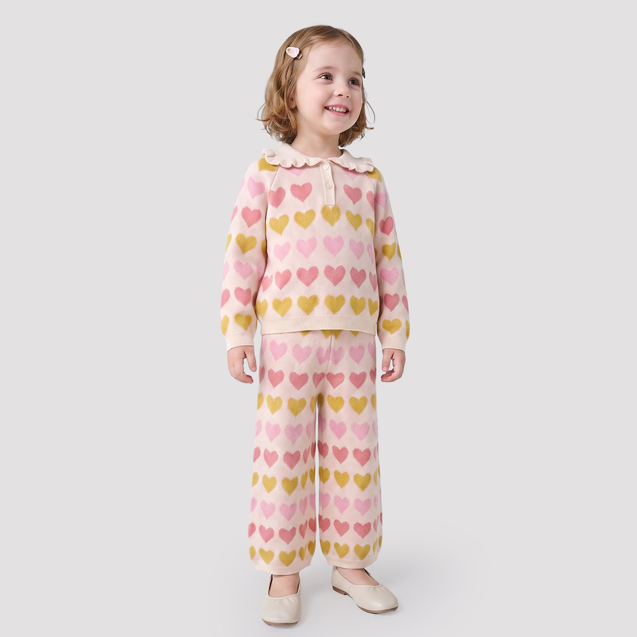 Juniors Collared Long Sleeves Sweater and Pants Set with Heart Print-baby-girls-clothing-setsandcoords-image-5