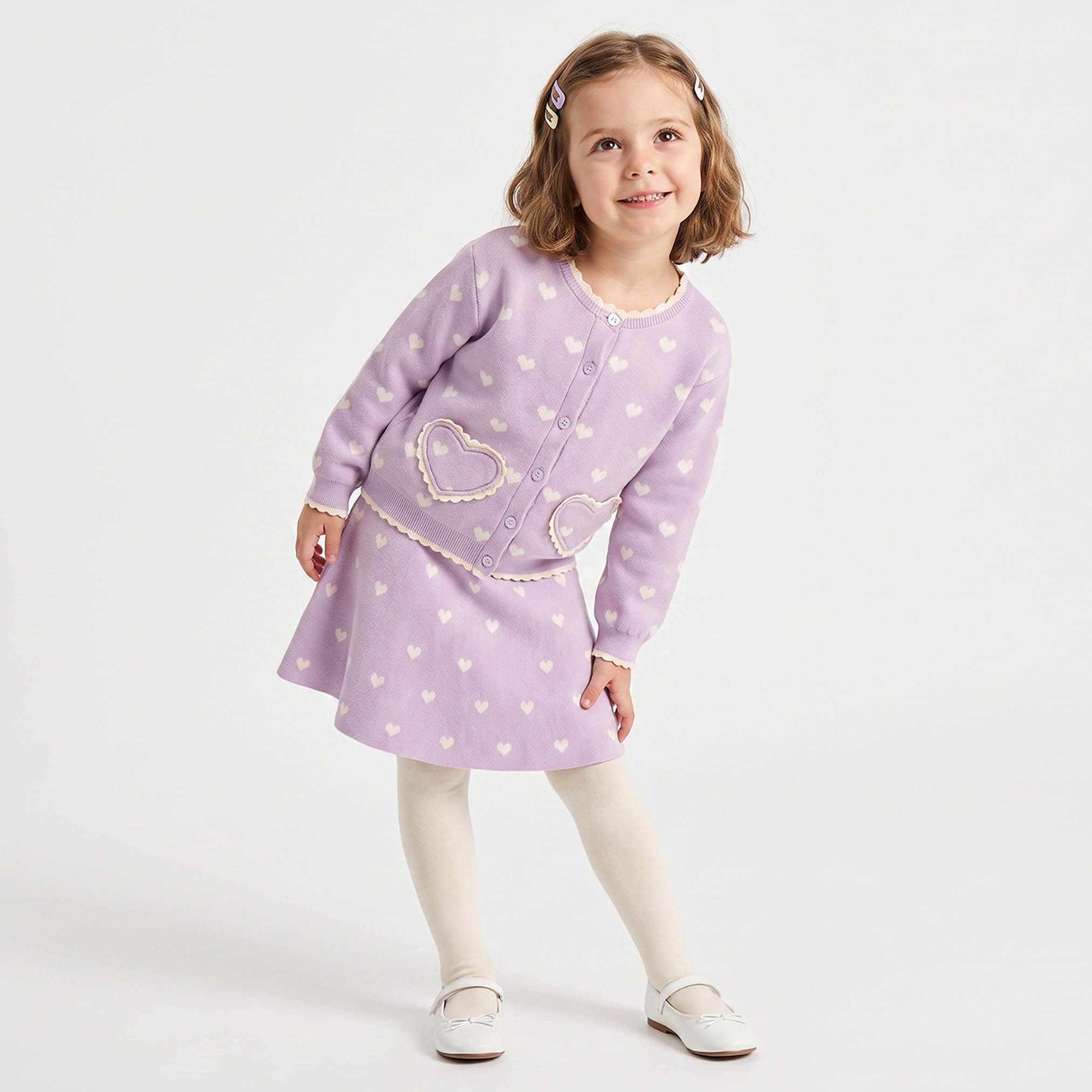 Juniors Round Neck Long Sleeves Cardigan and Skirt Set with Tights-baby-girls-clothing-setsandcoords-image-1