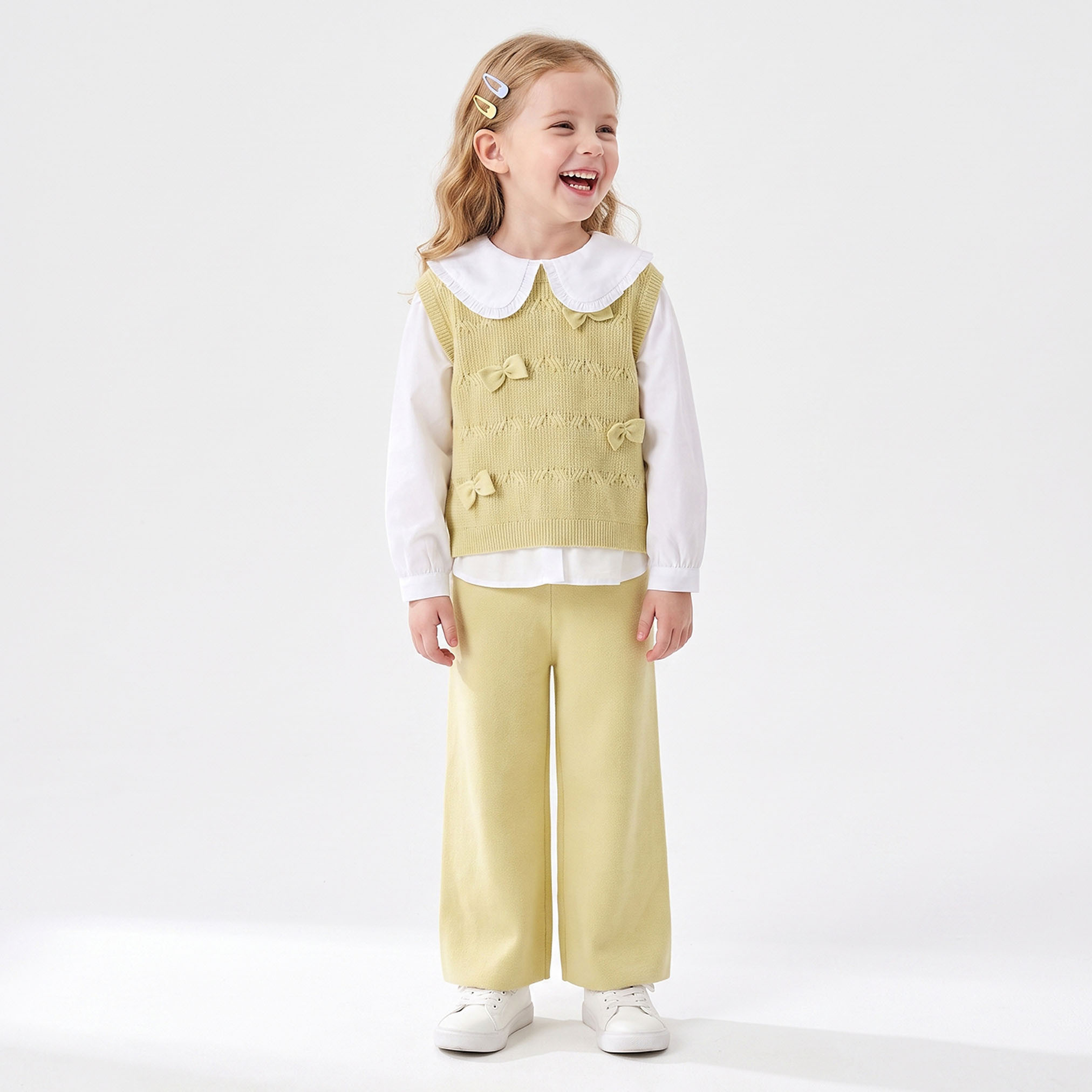 Juniors Peter Pan Collar Long Sleeves Top and Pants Set with Floral Applique-baby-girls-clothing-setsandcoords-image-1