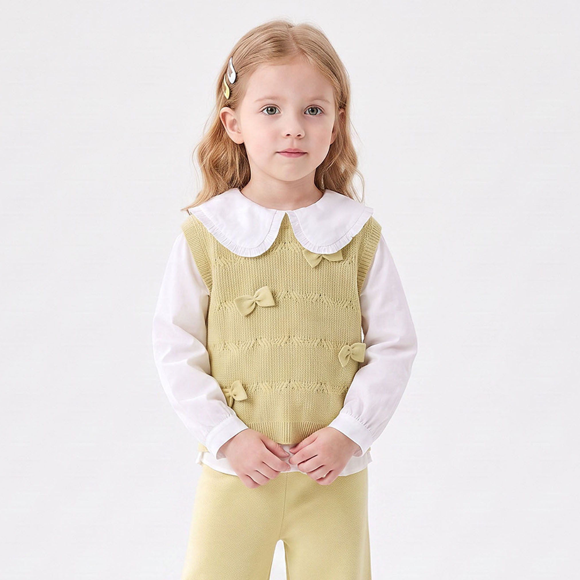 Juniors Peter Pan Collar Long Sleeves Top and Pants Set with Floral Applique-baby-girls-clothing-setsandcoords-image-2