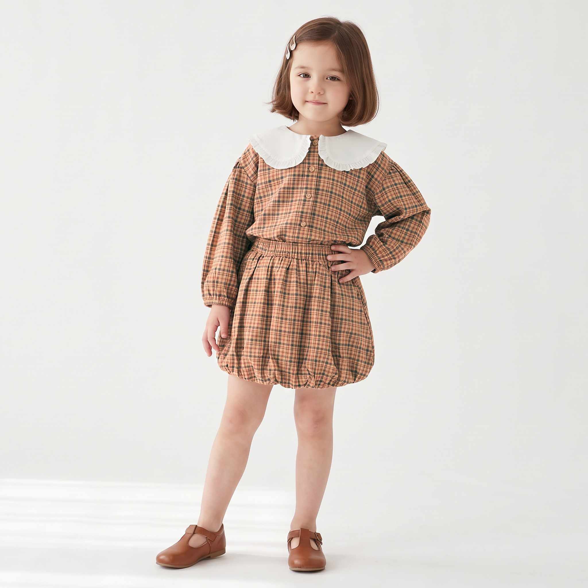 Juniors Peter Pan Collar Long Sleeves Top and Skirt Set with Checks-baby-girls-clothing-setsandcoords-image-1