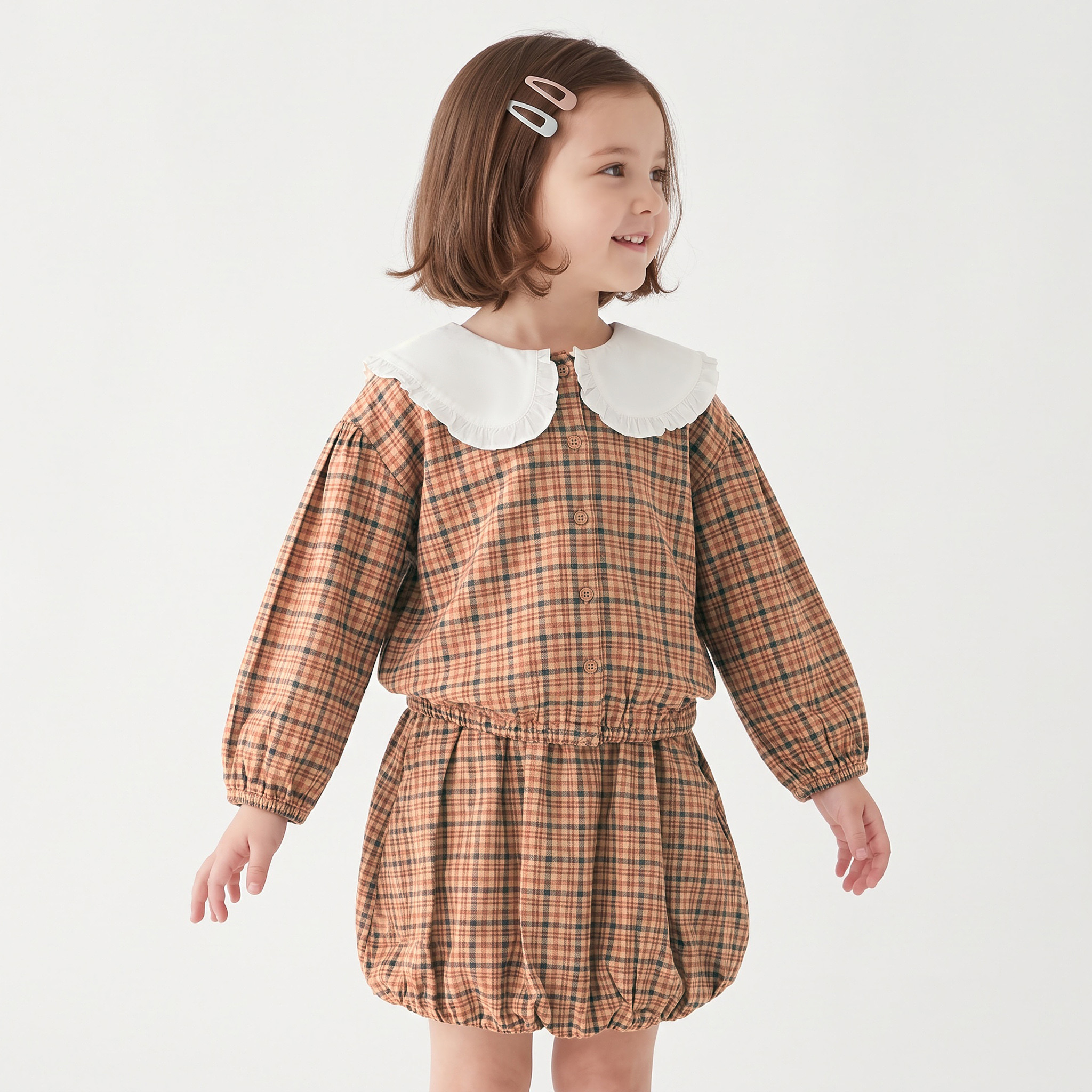 Juniors Peter Pan Collar Long Sleeves Top and Skirt Set with Checks-baby-girls-clothing-setsandcoords-image-2