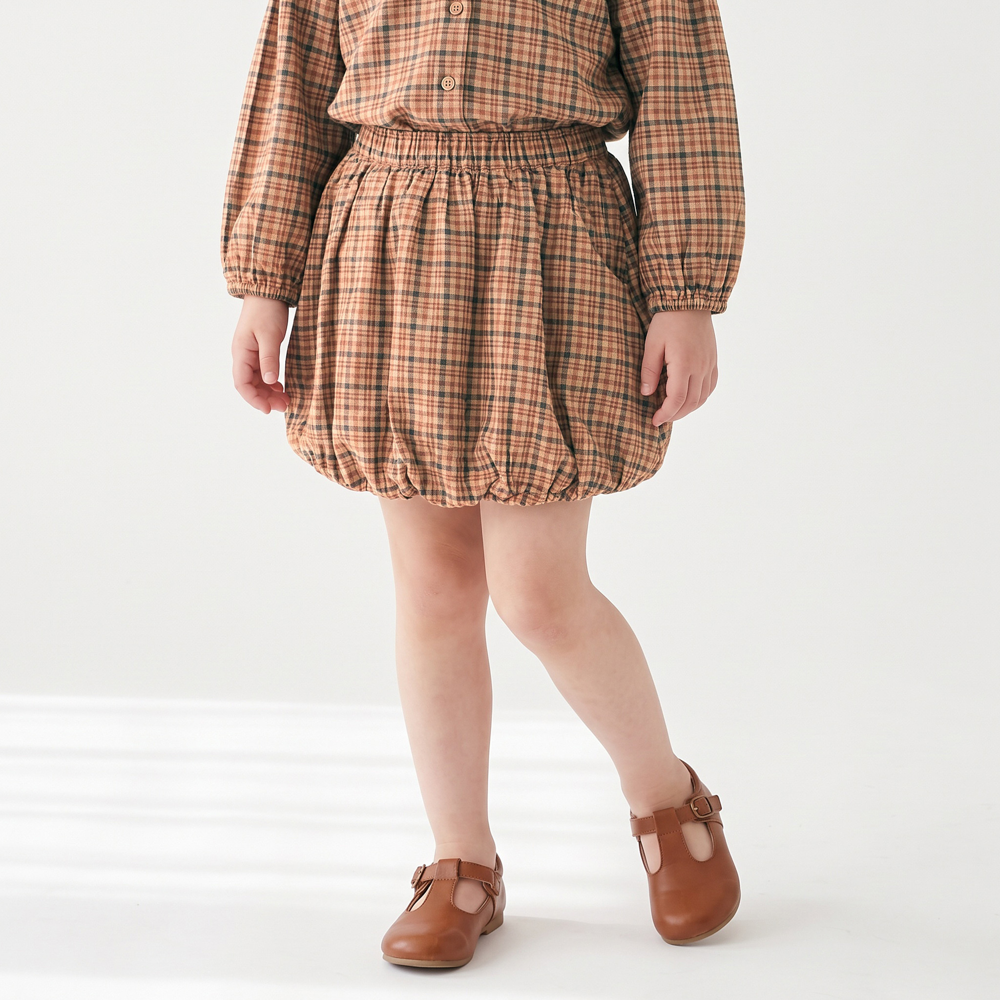 Juniors Peter Pan Collar Long Sleeves Top and Skirt Set with Checks-baby-girls-clothing-setsandcoords-image-3