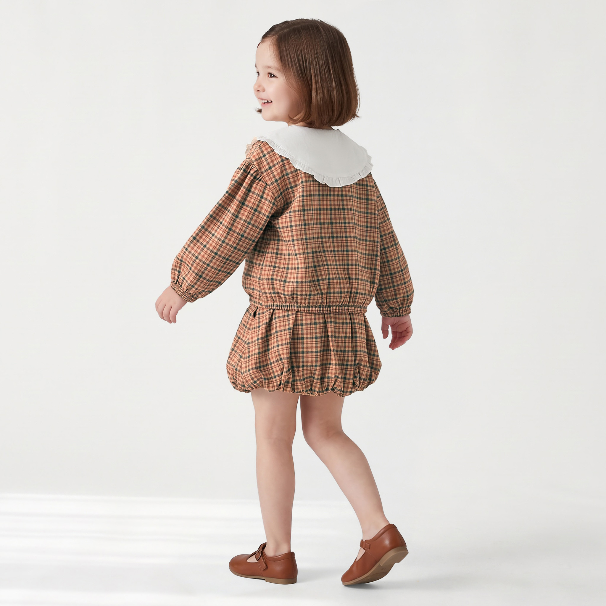 Juniors Peter Pan Collar Long Sleeves Top and Skirt Set with Checks-baby-girls-clothing-setsandcoords-image-4
