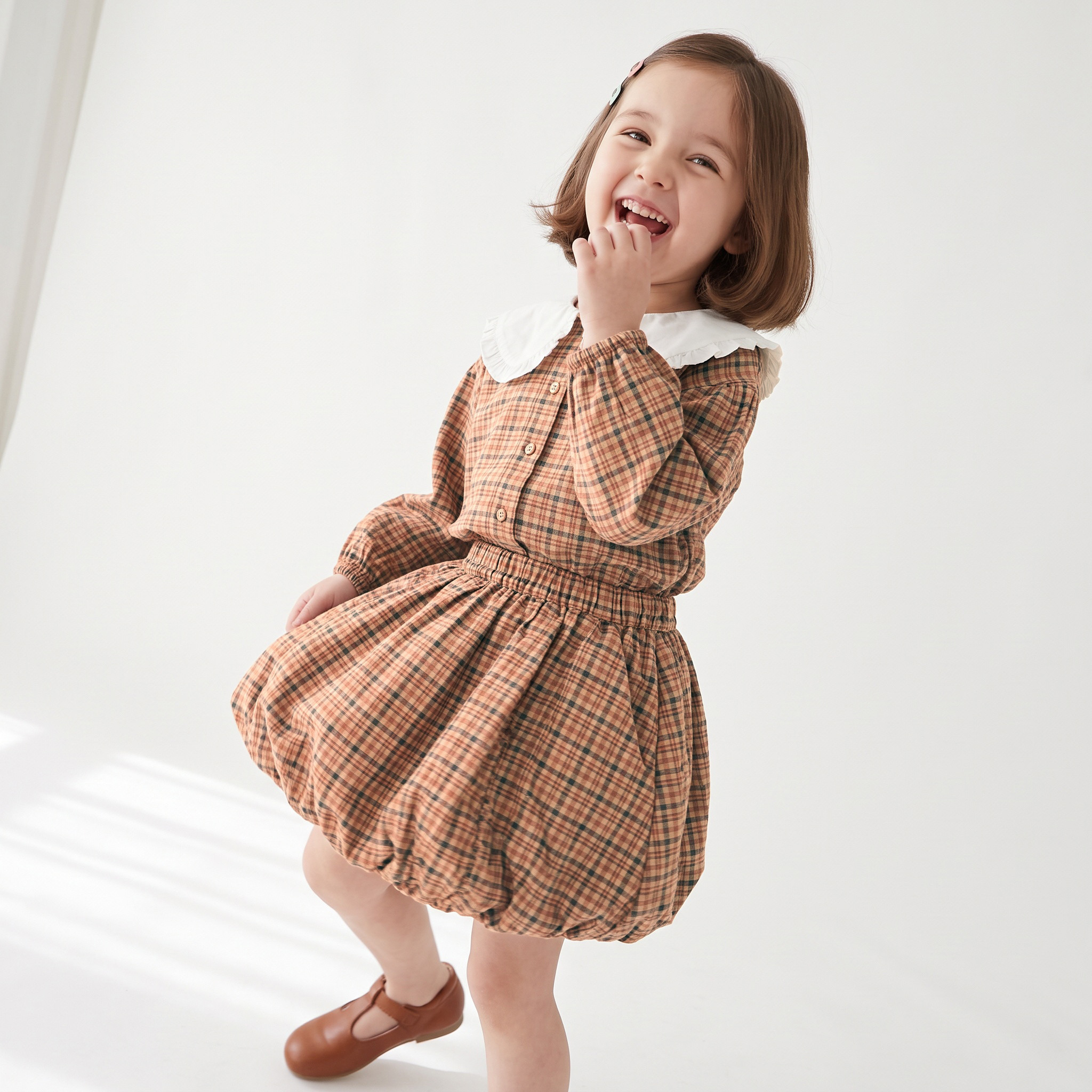 Juniors Peter Pan Collar Long Sleeves Top and Skirt Set with Checks-baby-girls-clothing-setsandcoords-image-6