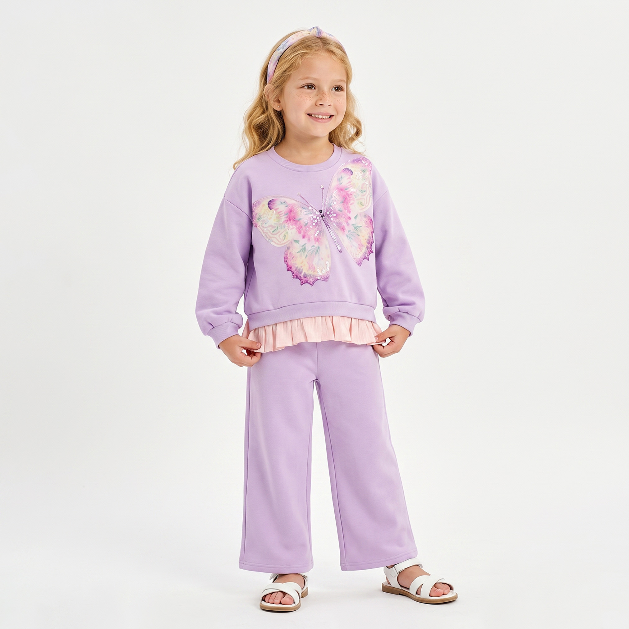 Juniors Crew Neck Long Sleeves Sweatshirt and Pants Set with Butterfly Print-baby-girls-clothing-setsandcoords-image-1