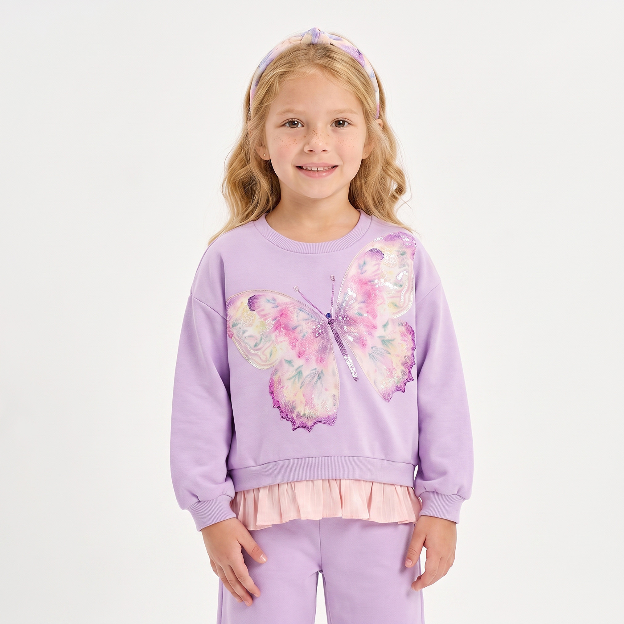 Juniors Crew Neck Long Sleeves Sweatshirt and Pants Set with Butterfly Print-baby-girls-clothing-setsandcoords-image-2