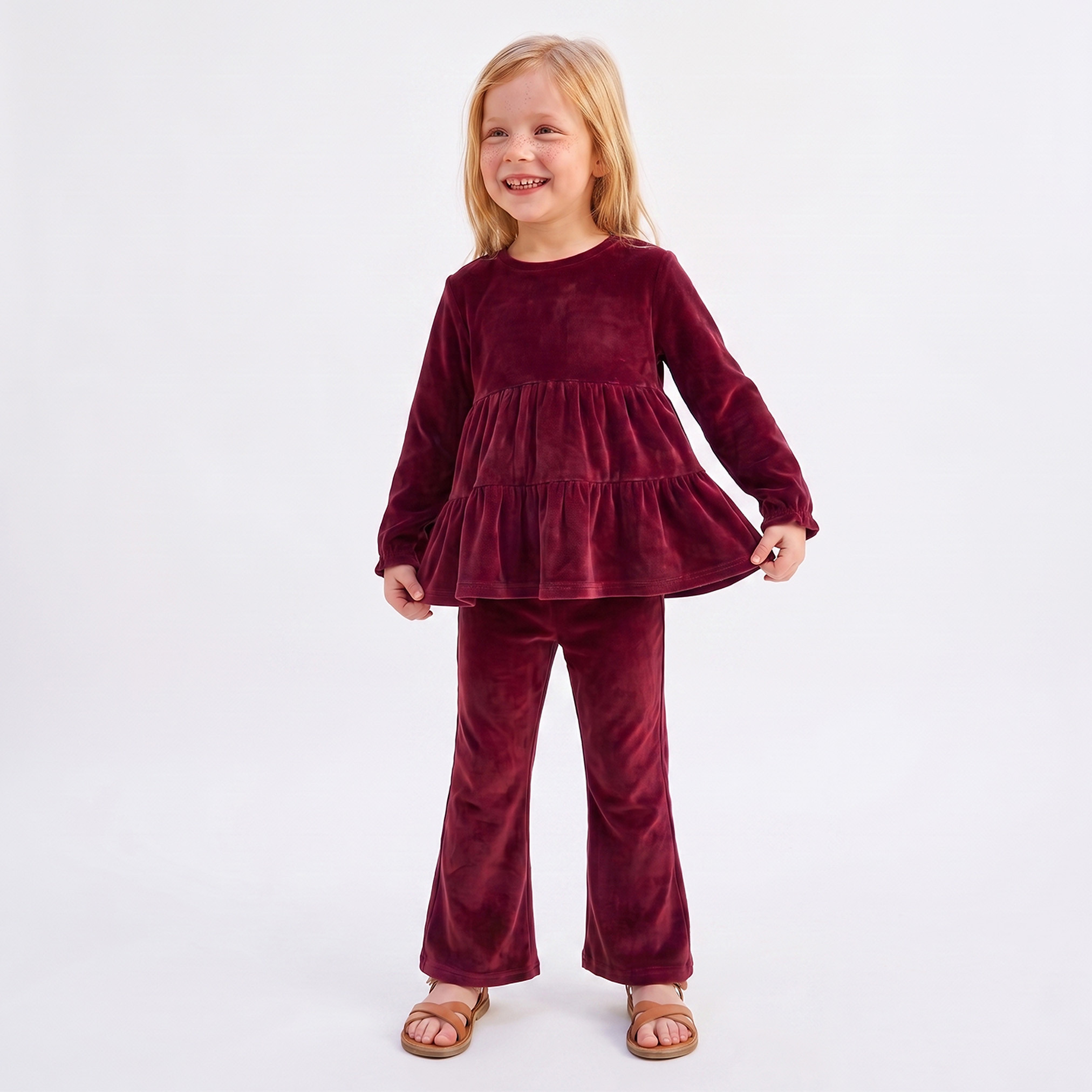Juniors Round Neck Long Sleeves Tiered Top and Pants Set-baby-girls-clothing-setsandcoords-image-1