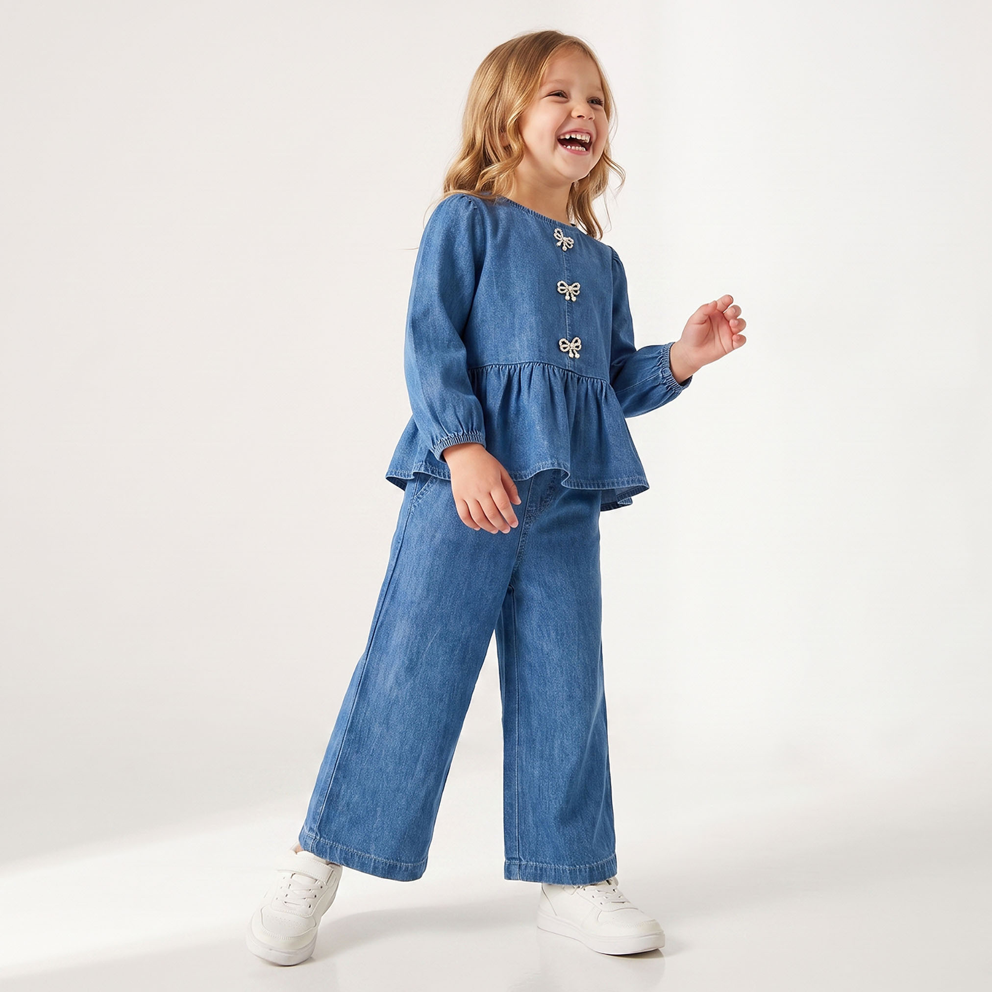 Juniors Round Neck Long Sleeves Top and Pants Set with Bow Accent-baby-girls-clothing-setsandcoords-image-1