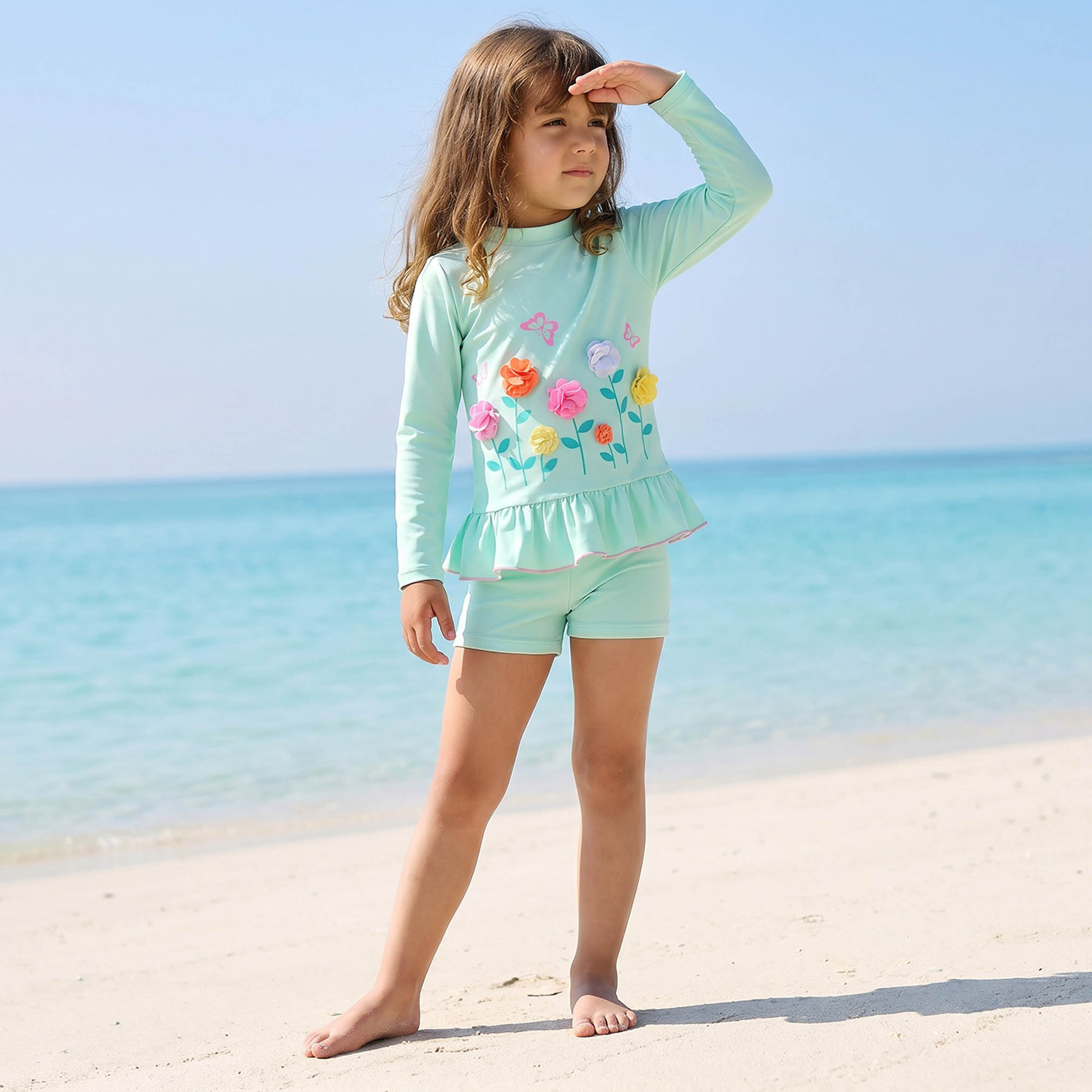 Juniors Crew Neck Short Sleeves Rash Guard Set with Floral Applique-baby-girls-clothing-swimwear-image-1