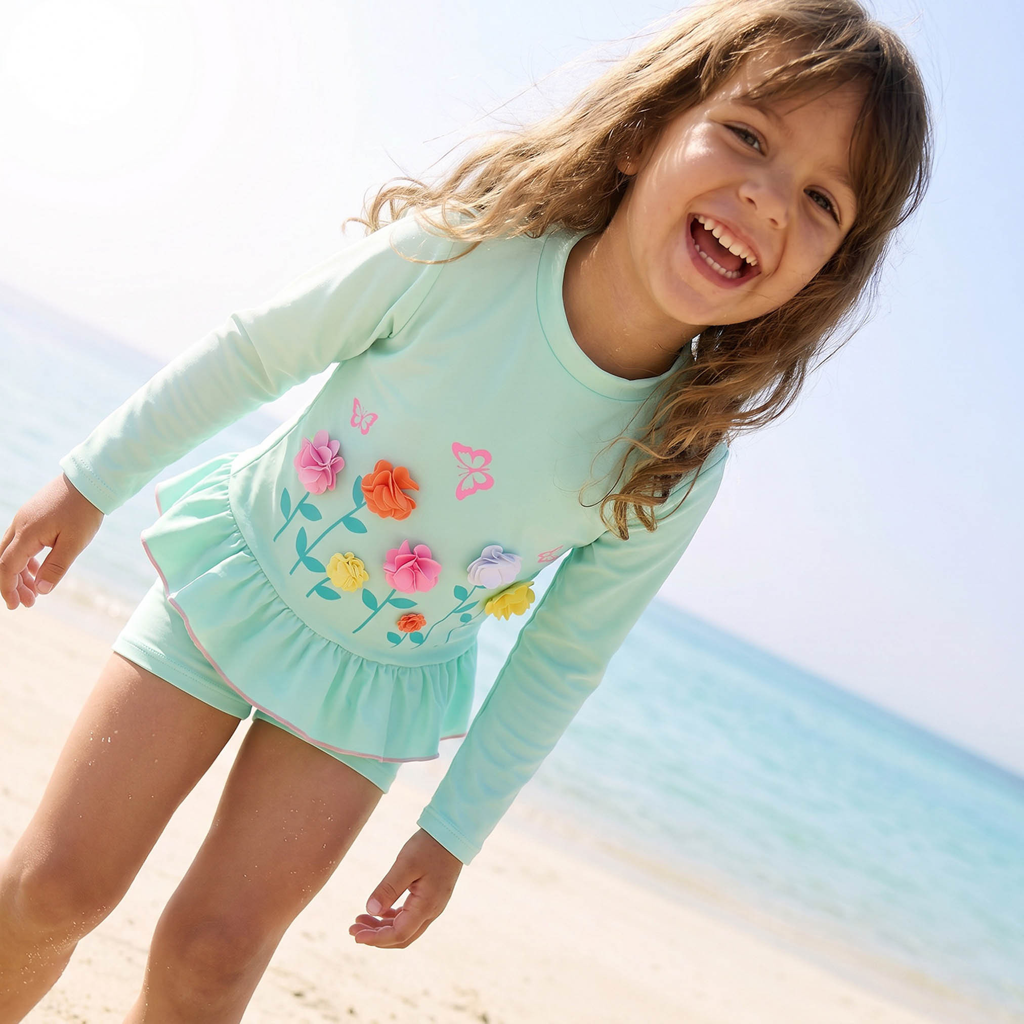 Juniors Crew Neck Short Sleeves Rash Guard Set with Floral Applique-baby-girls-clothing-swimwear-image-4