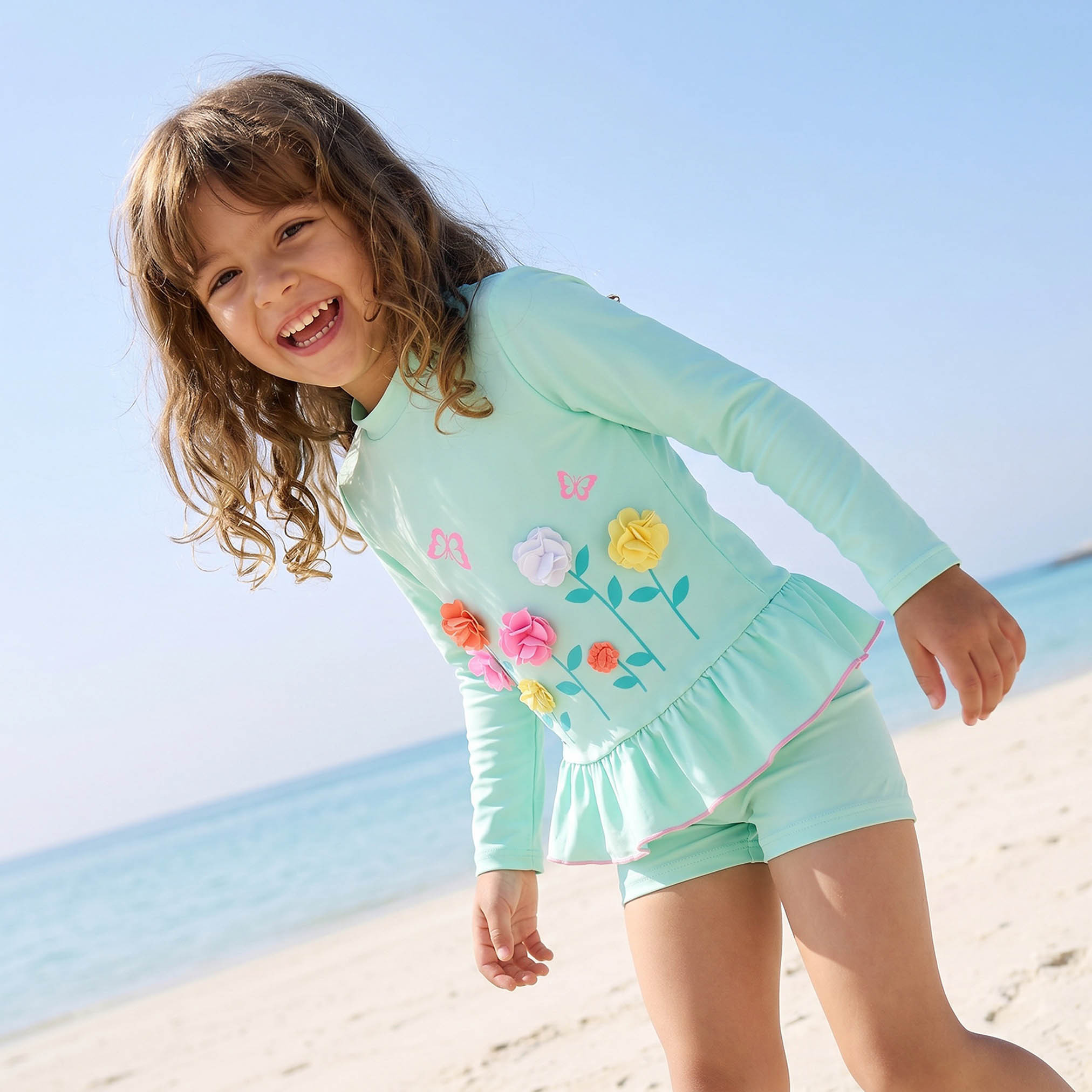 Juniors Crew Neck Short Sleeves Rash Guard Set with Floral Applique-baby-girls-clothing-swimwear-image-5