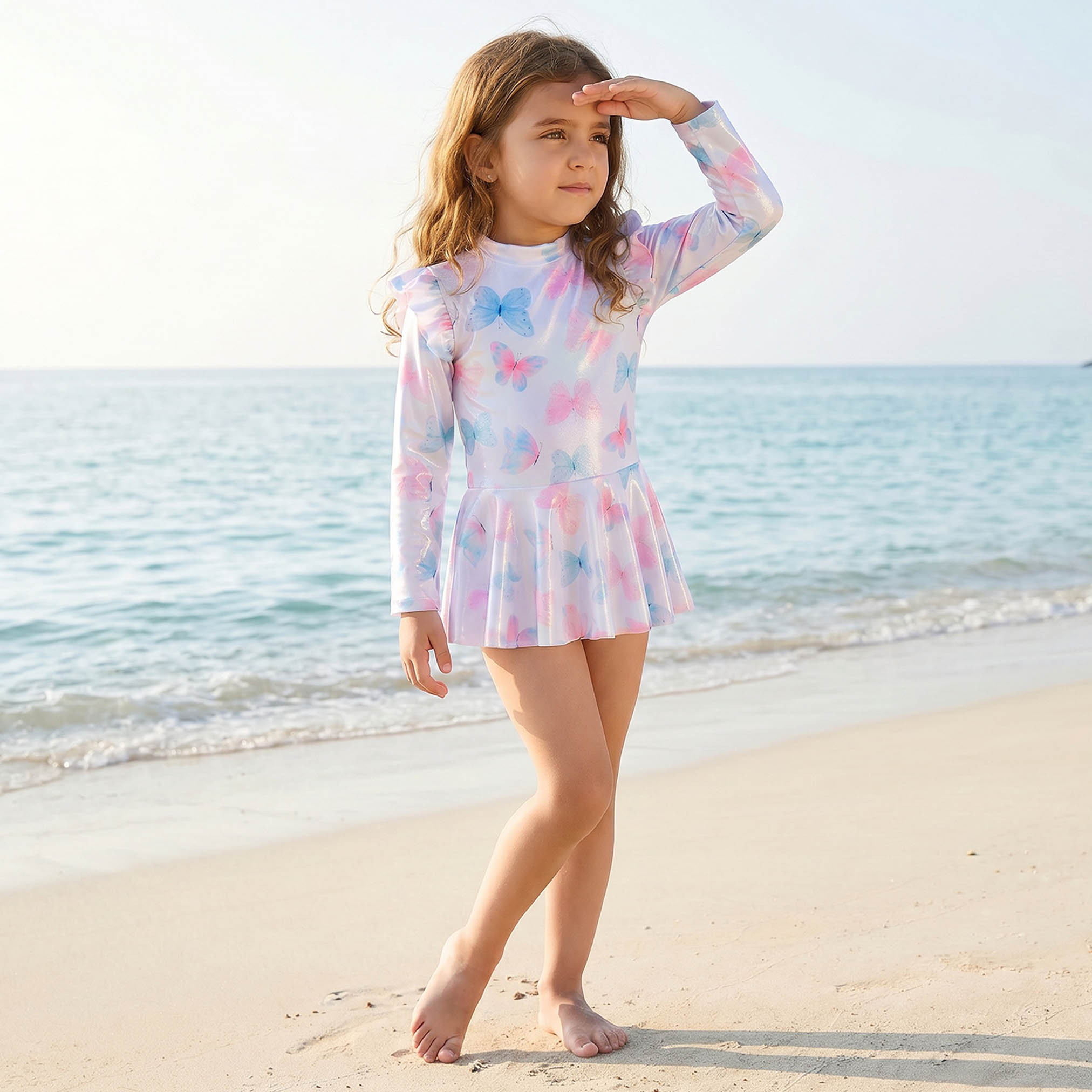 بدلة سباحة برقبة عالية وأكمام طويلة وسحاب إغلاق من جونيورز-baby-girls-clothing-swimwear-image-1