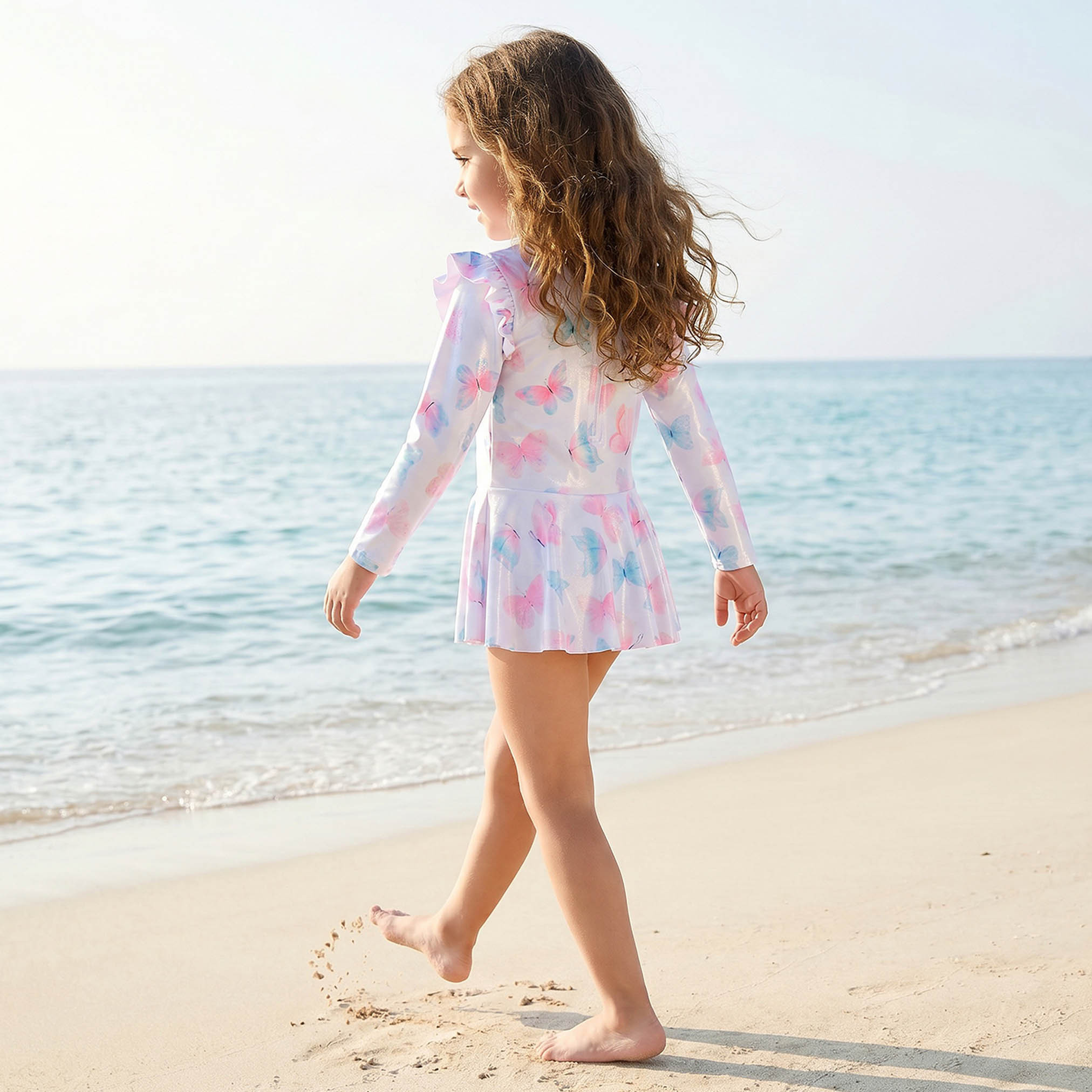 بدلة سباحة برقبة عالية وأكمام طويلة وسحاب إغلاق من جونيورز-baby-girls-clothing-swimwear-image-2