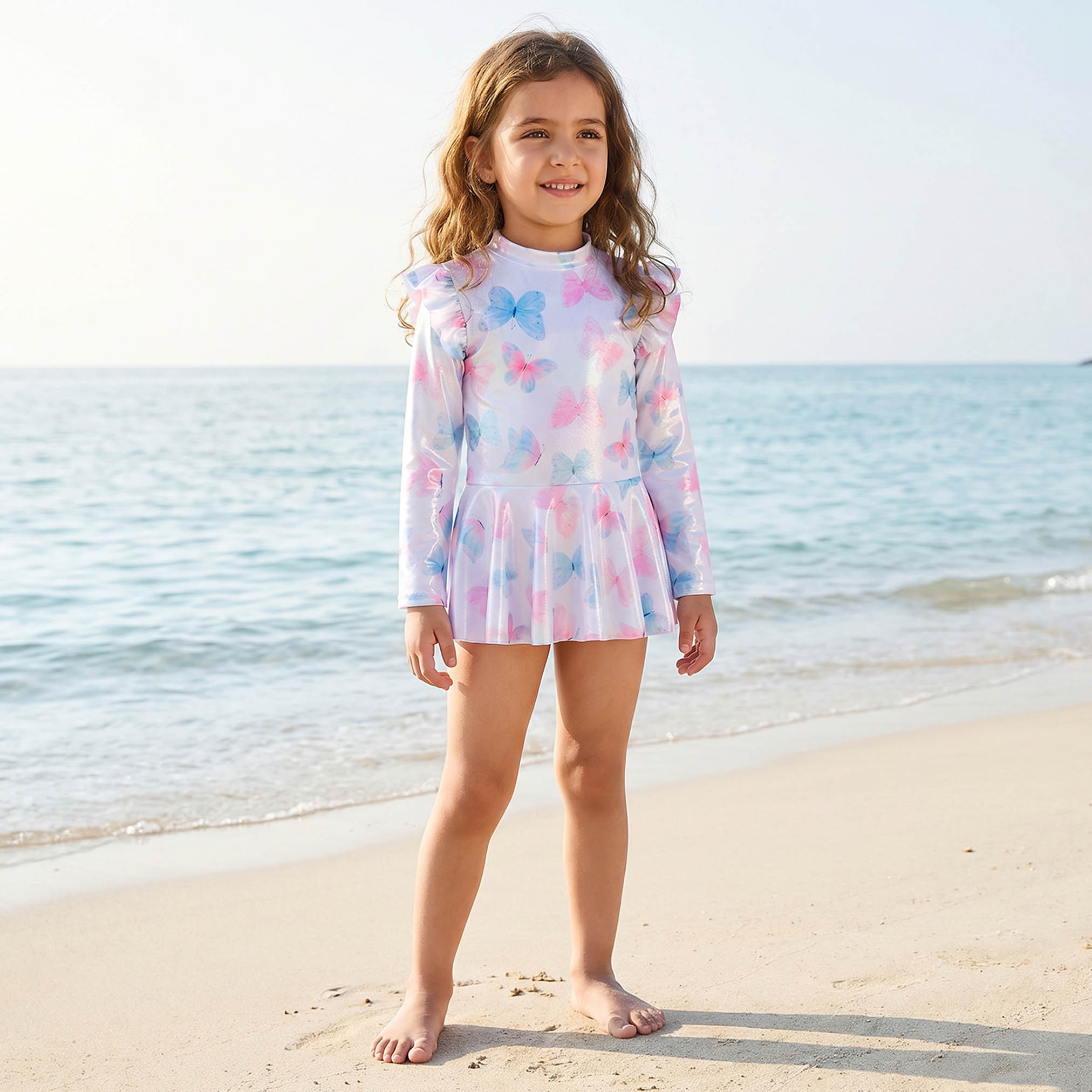 بدلة سباحة برقبة عالية وأكمام طويلة وسحاب إغلاق من جونيورز-baby-girls-clothing-swimwear-image-4