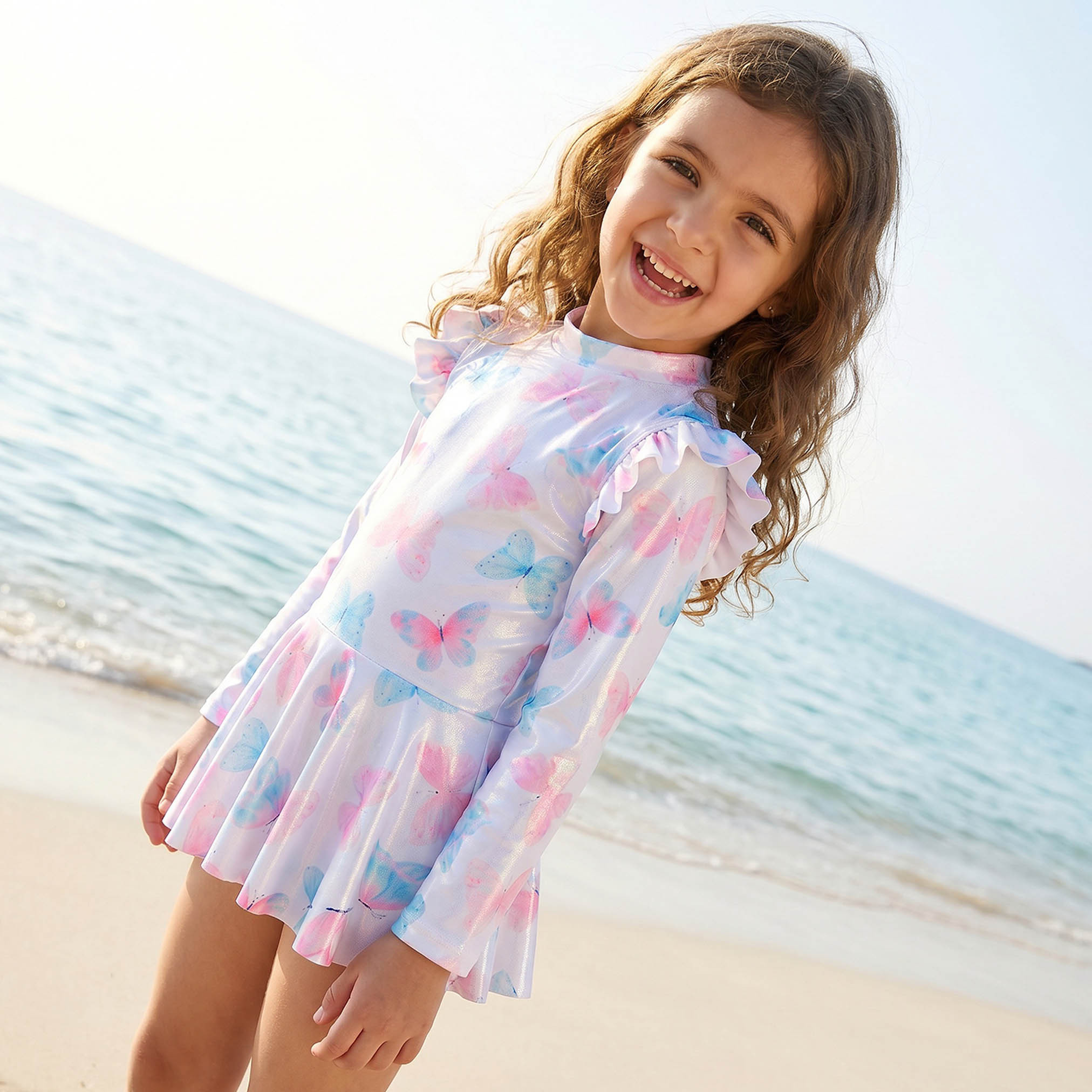 بدلة سباحة برقبة عالية وأكمام طويلة وسحاب إغلاق من جونيورز-baby-girls-clothing-swimwear-image-5