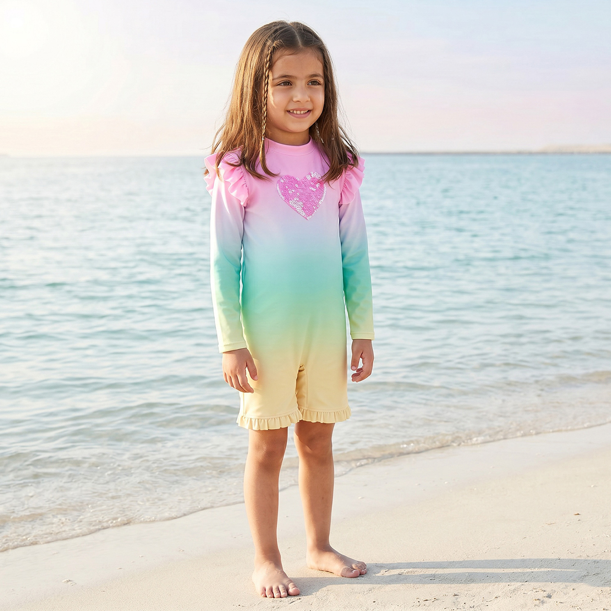 بدلة سباحة بياقة عالية وأكمام طويلة وسحاب إغلاق من جونيورز-baby-girls-clothing-swimwear-image-1