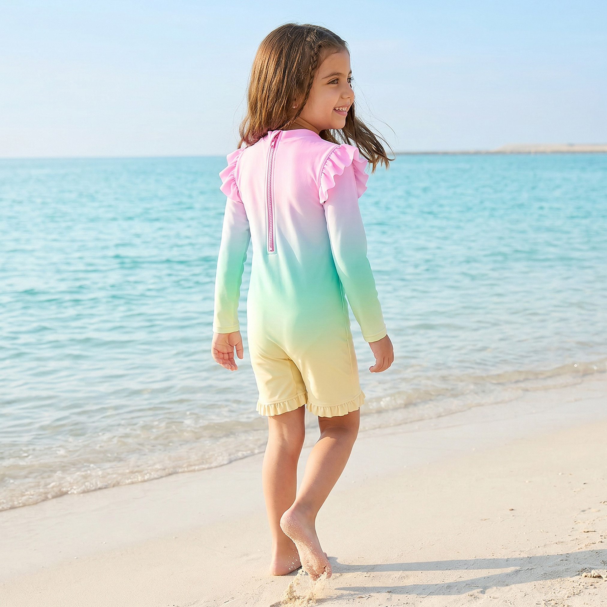 بدلة سباحة بياقة عالية وأكمام طويلة وسحاب إغلاق من جونيورز-baby-girls-clothing-swimwear-image-2