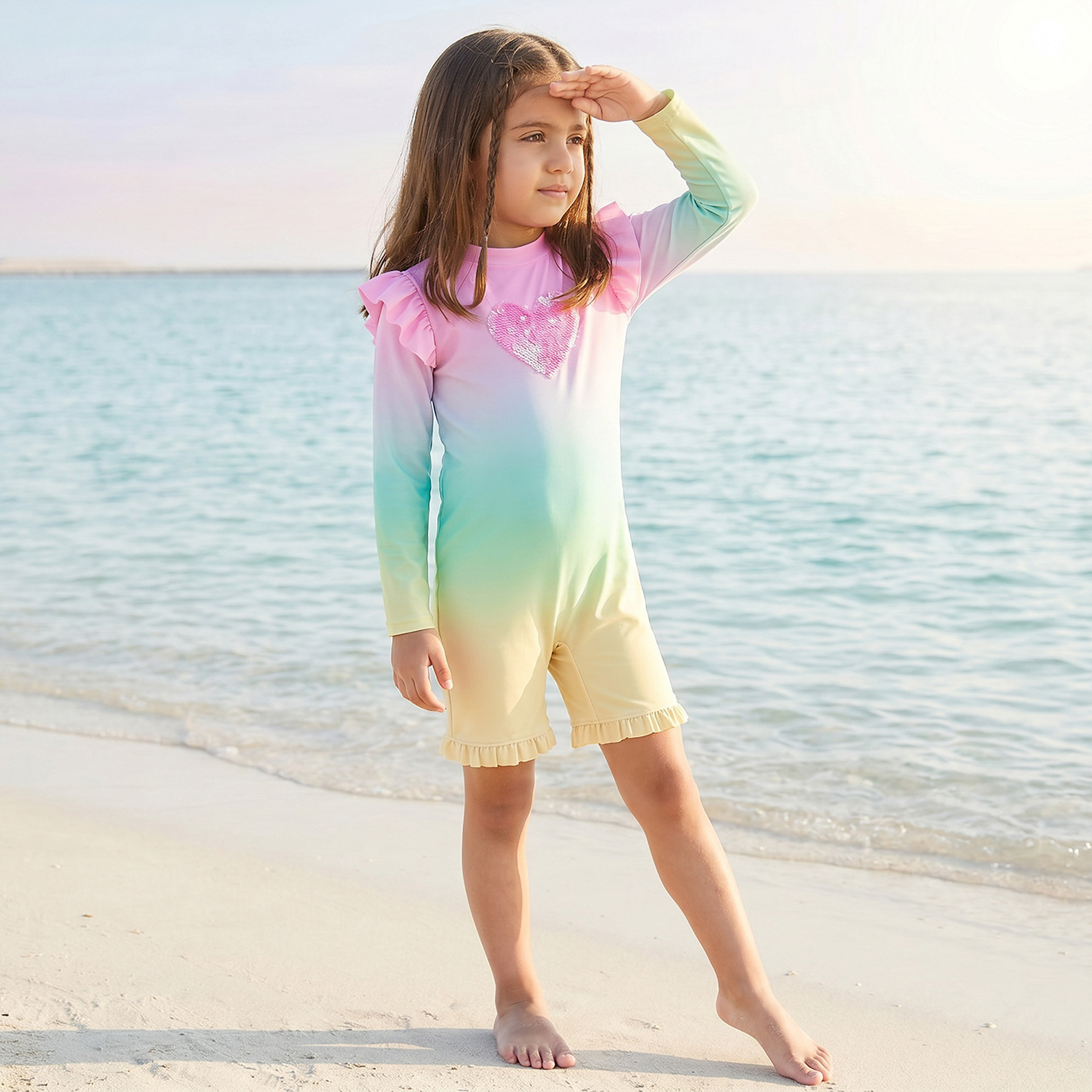 بدلة سباحة بياقة عالية وأكمام طويلة وسحاب إغلاق من جونيورز-baby-girls-clothing-swimwear-image-4
