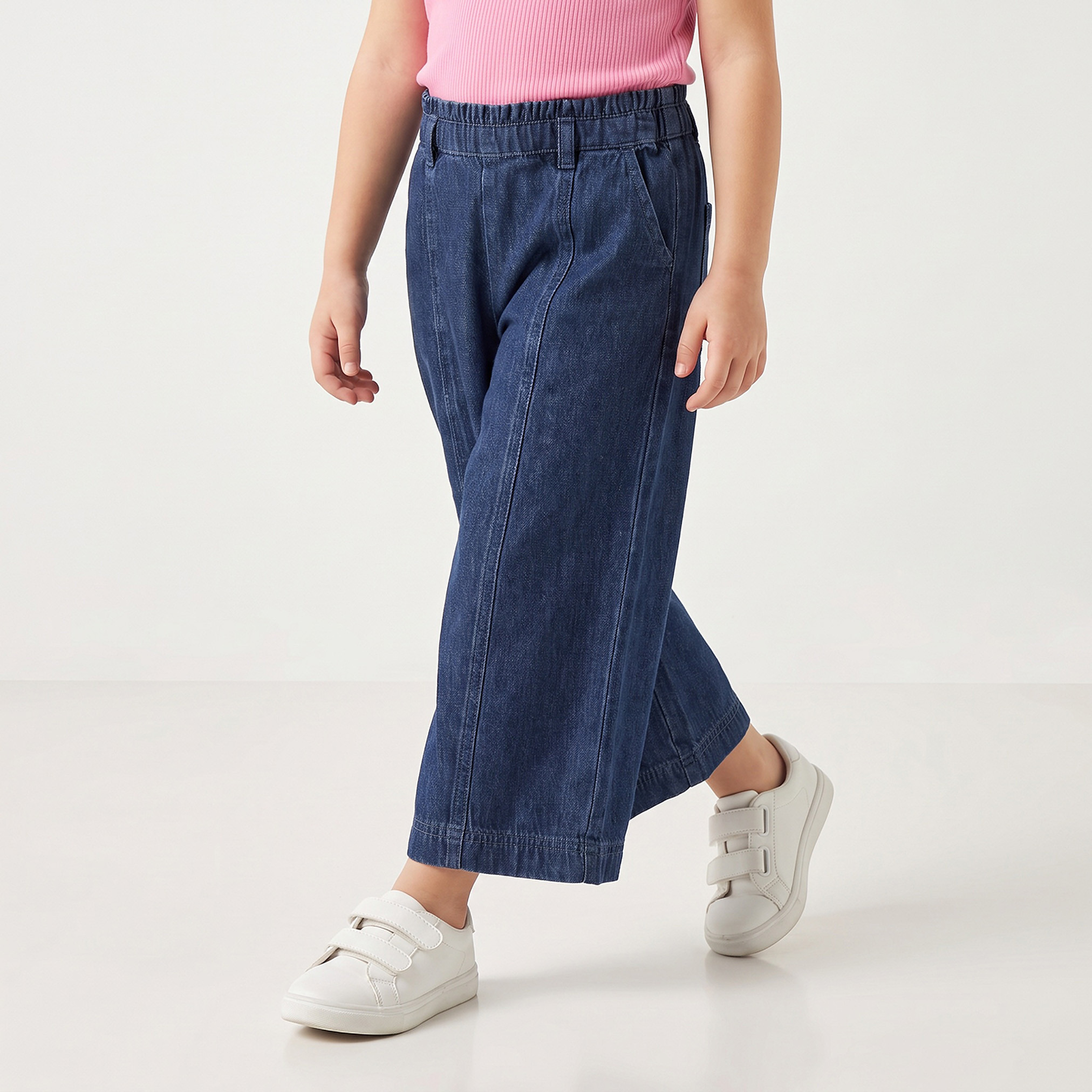 بنطلون جينز قطن واسع الساقين بخصر مطاطي من جونيورز-baby-girls-clothing-bottoms-jeans-image-1
