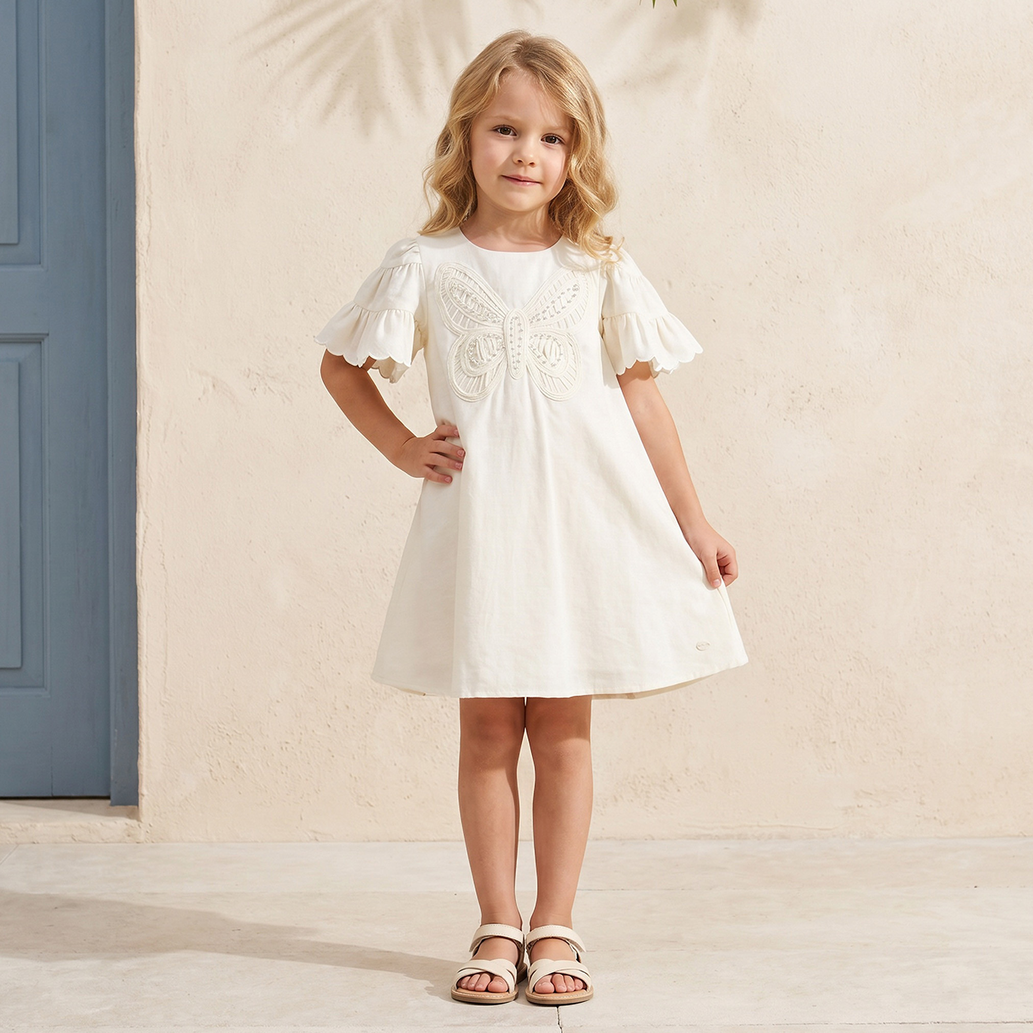 Eligo Round Neck Short Sleeves Knee Length A-line Dress with Butterfly Applique-girls-clothing-dressesandjumpsuits-image-1