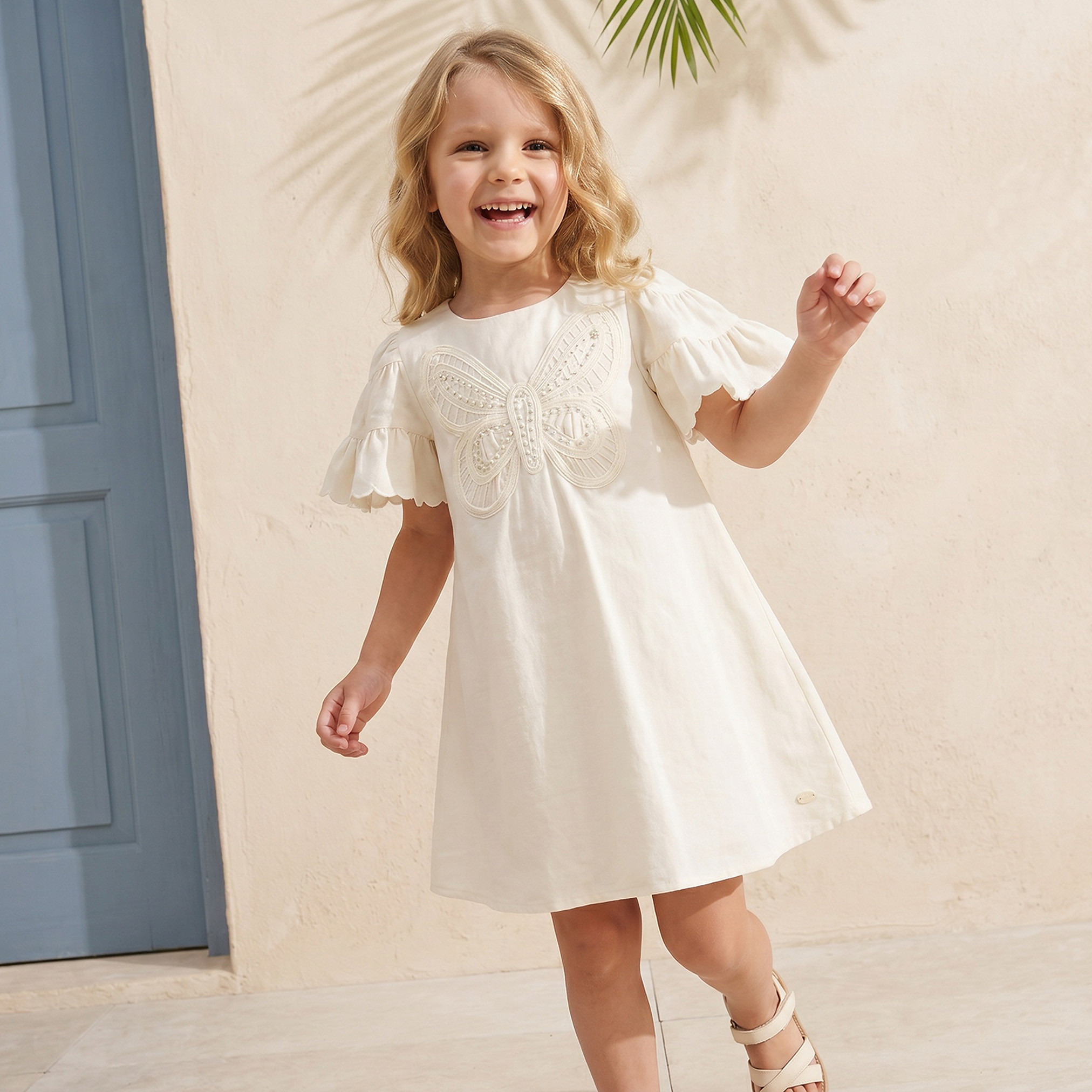 Eligo Round Neck Short Sleeves Knee Length A-line Dress with Butterfly Applique-girls-clothing-dressesandjumpsuits-image-4