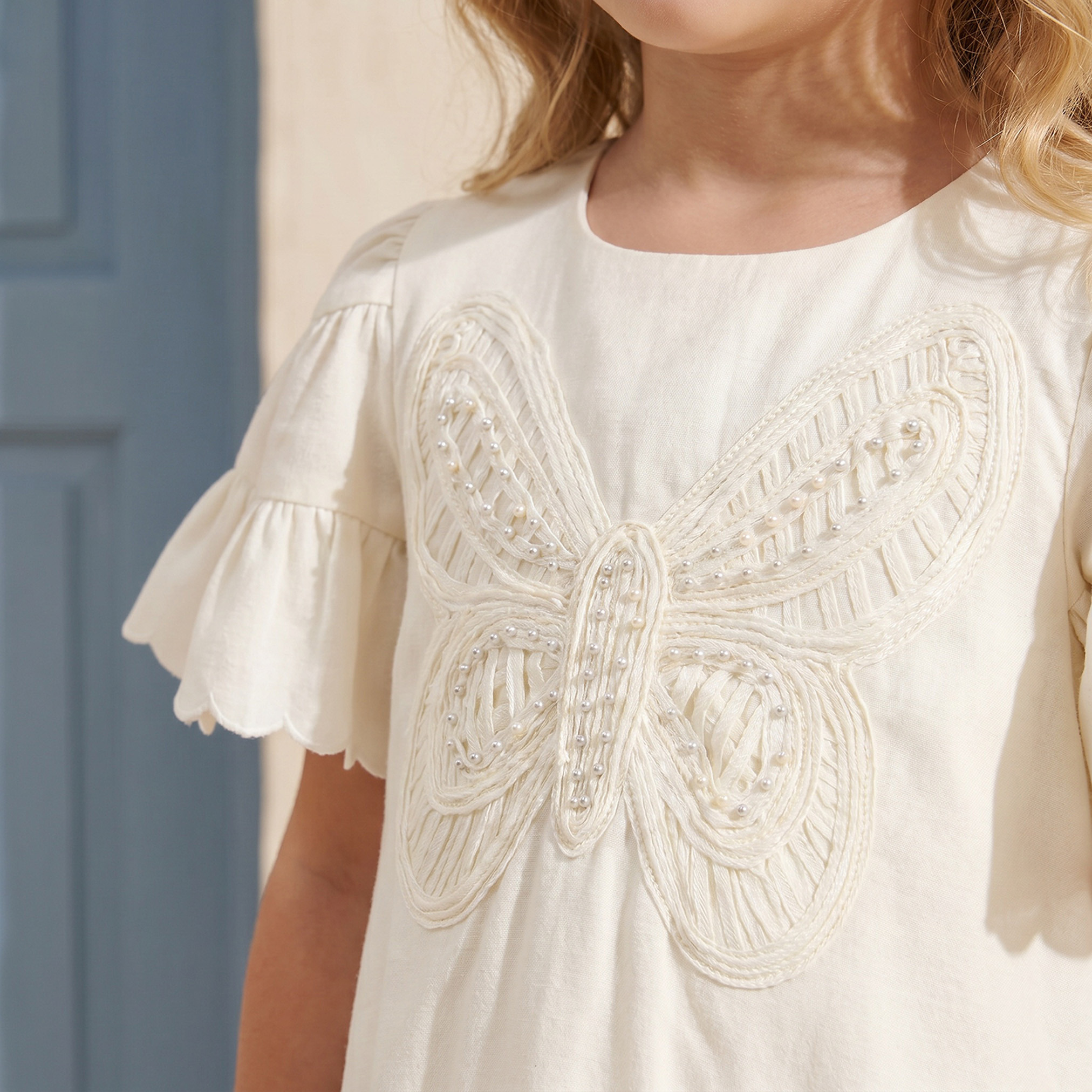 Eligo Round Neck Short Sleeves Knee Length A-line Dress with Butterfly Applique-girls-clothing-dressesandjumpsuits-image-5