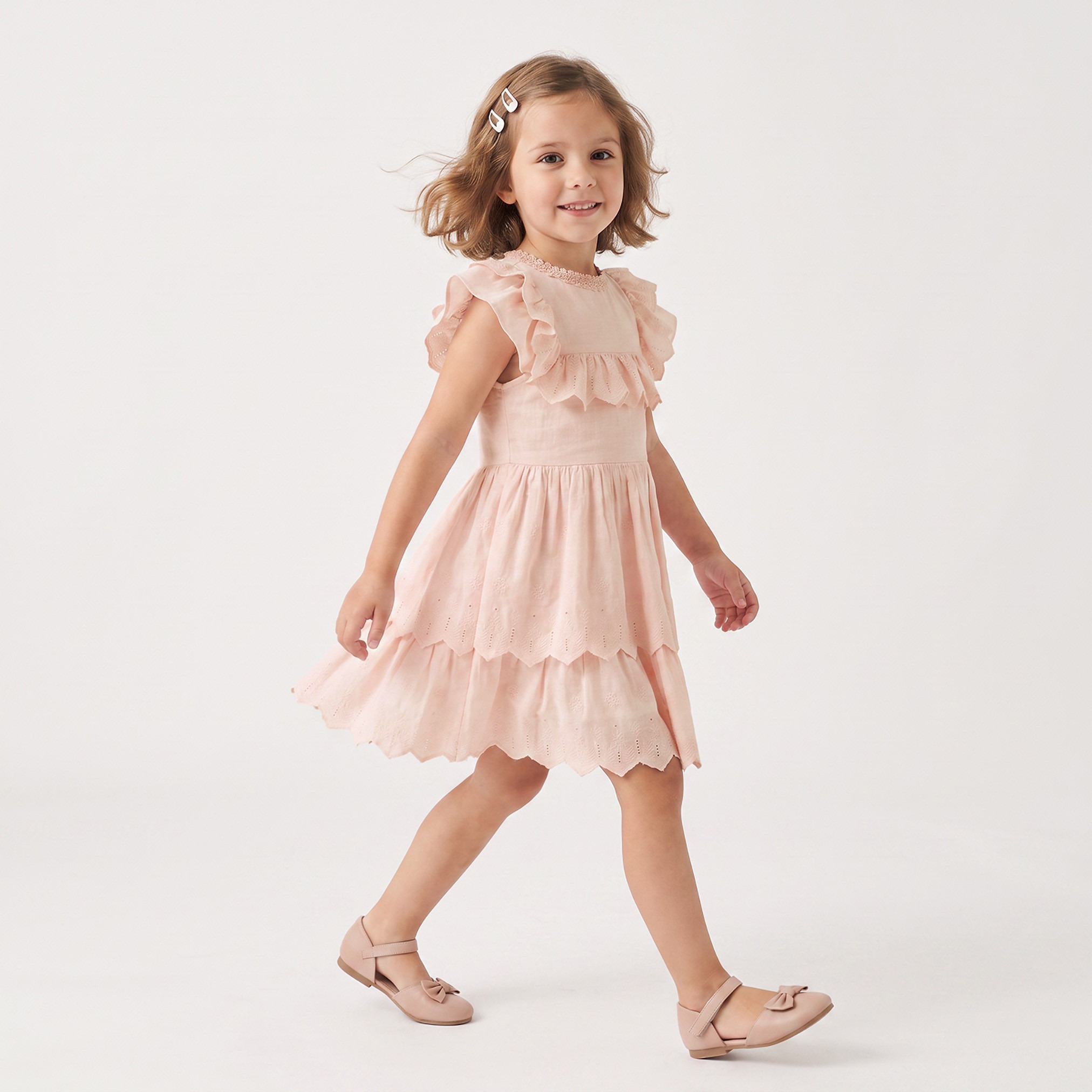 Eligo Round Neck Cap Sleeves Knee Length Tiered Dress with Ruffles-girls-clothing-dressesandjumpsuits-image-4