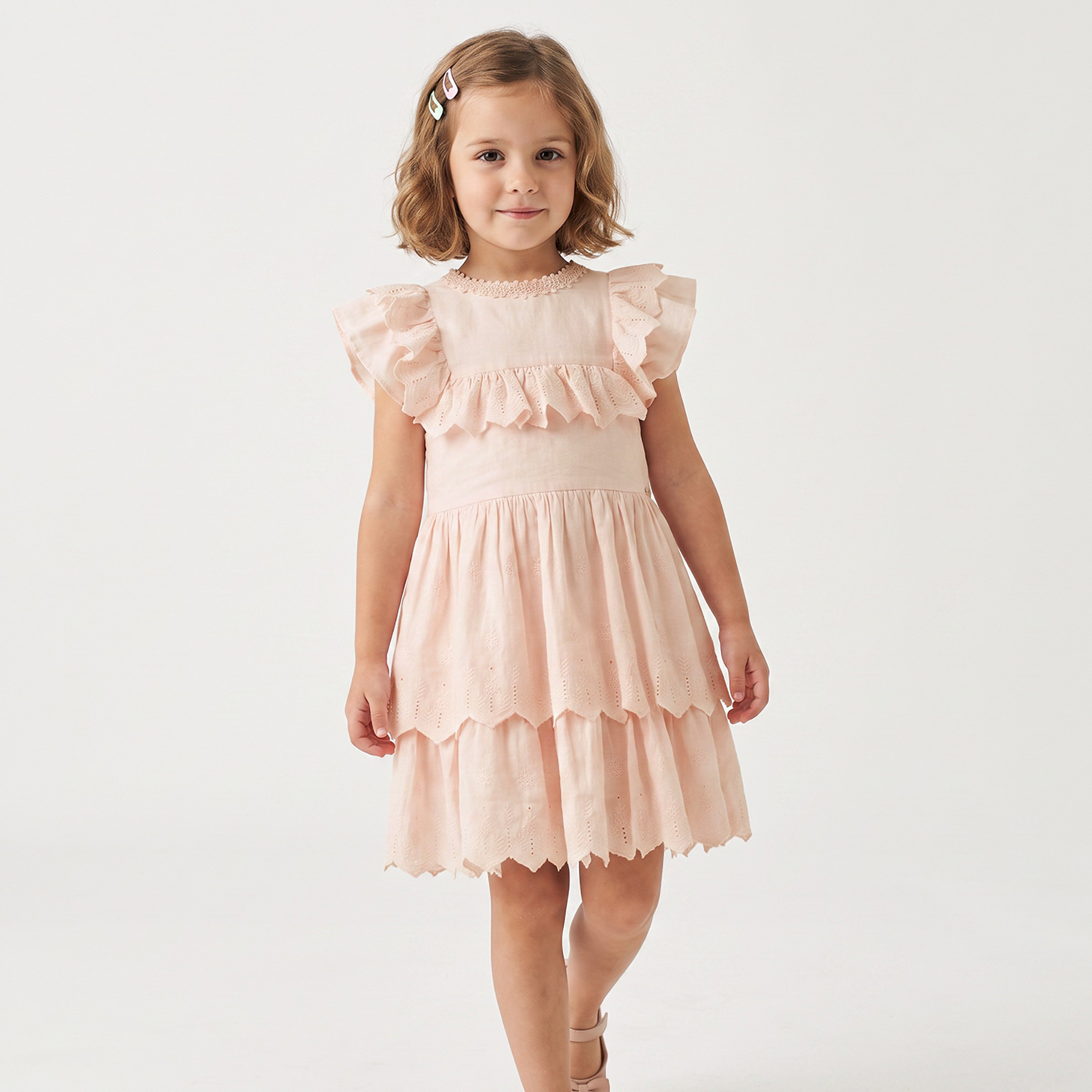 Eligo Round Neck Cap Sleeves Knee Length Tiered Dress with Ruffles-girls-clothing-dressesandjumpsuits-image-5