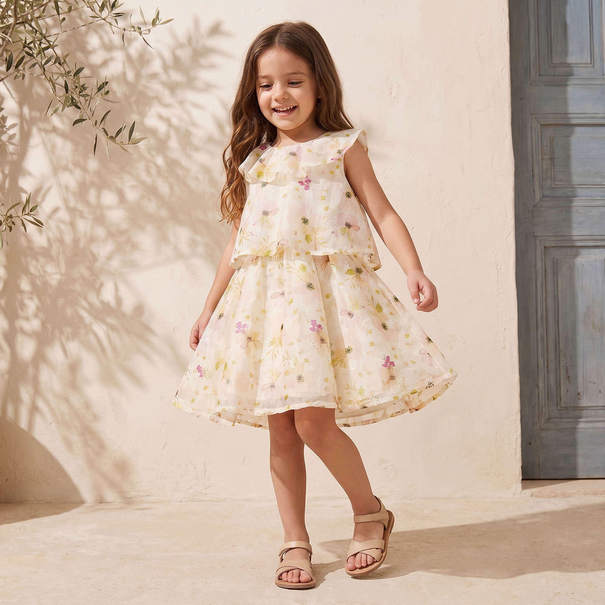 Round Neck Sleeveless Knee Length Dress with Floral Print-girls-clothing-dressesandjumpsuits-image-1