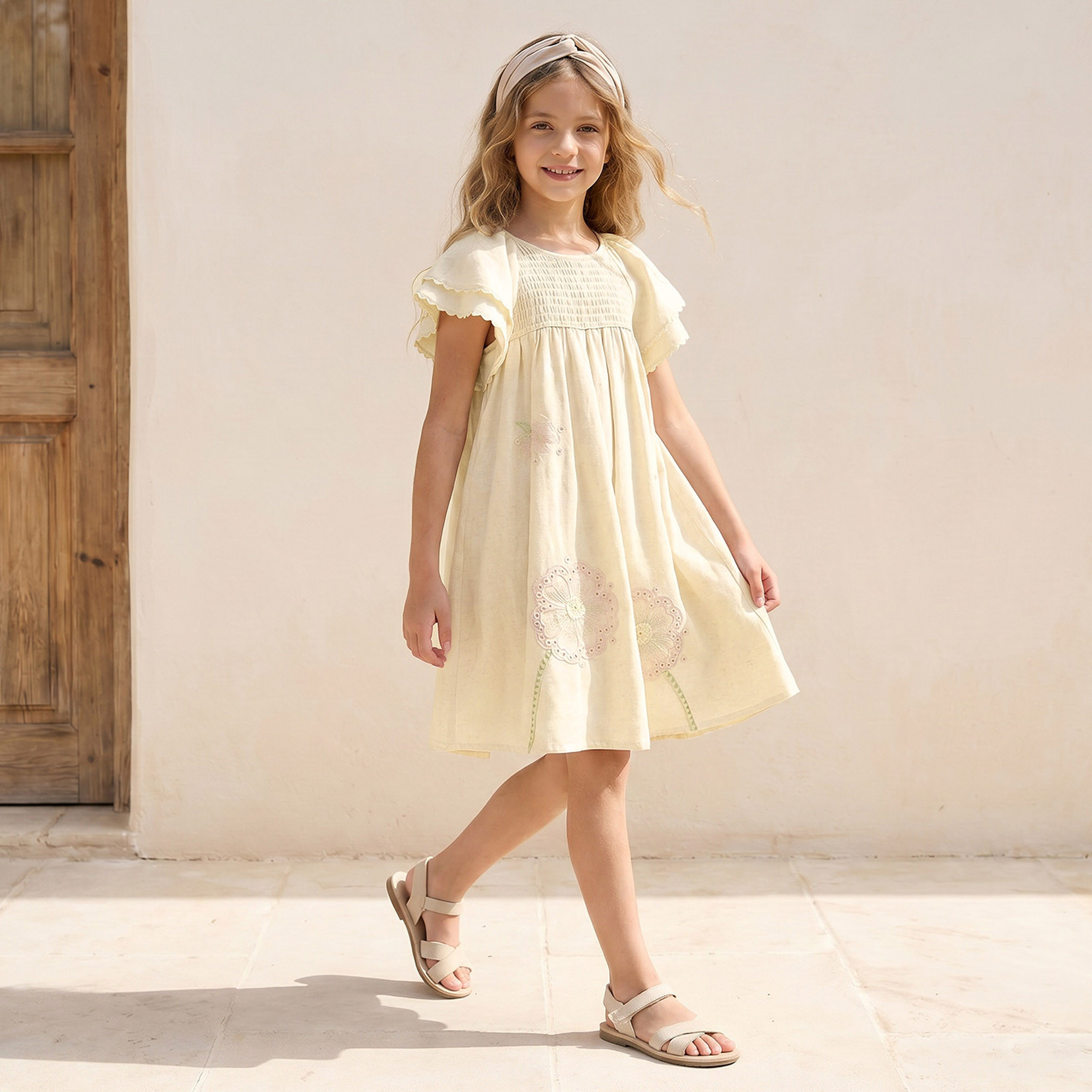 فستان بطول الركبة وياقة مستديرة وأكمام قصيرة وتطريز زهري من إليجو-girls-clothing-dressesandjumpsuits-image-1