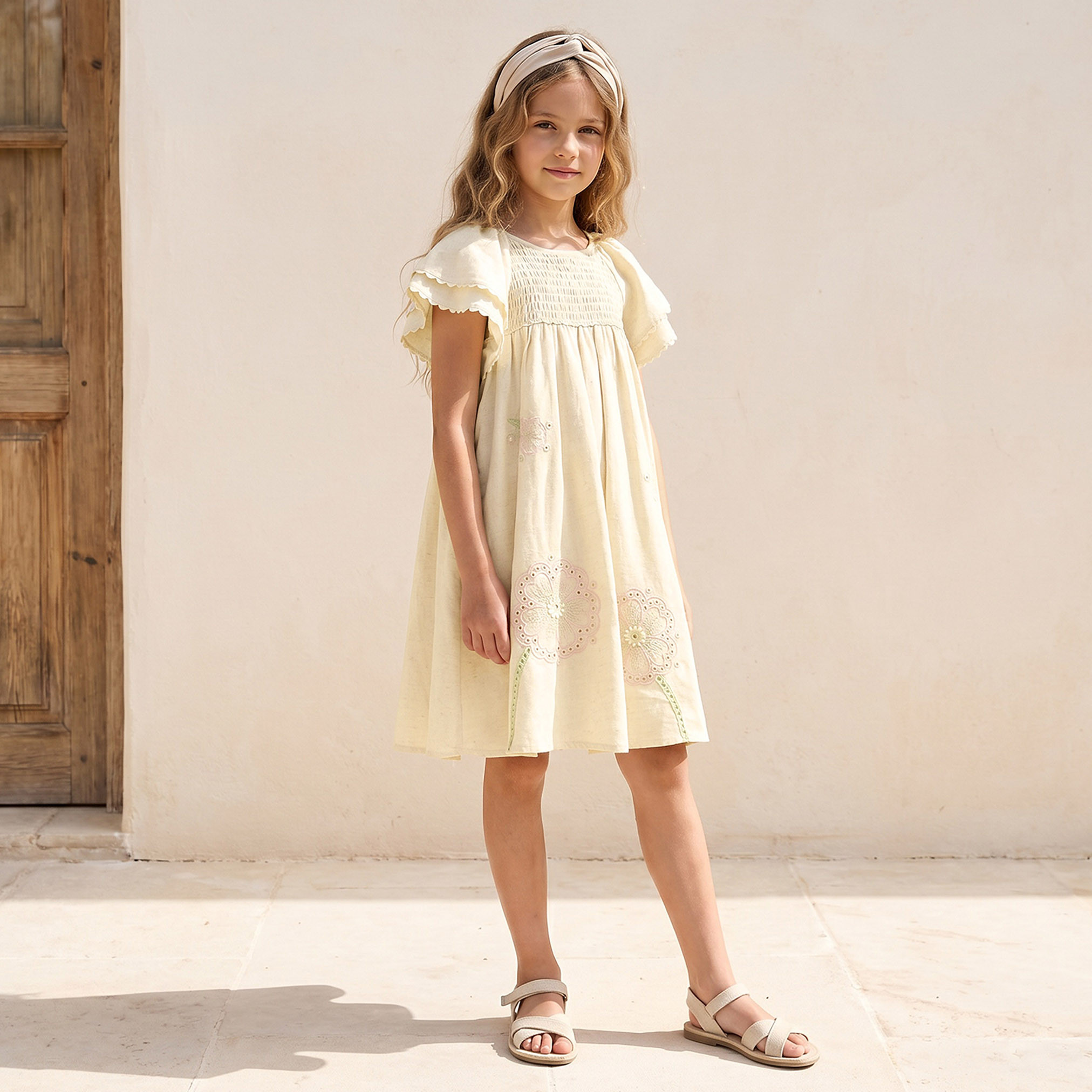 فستان بطول الركبة وياقة مستديرة وأكمام قصيرة وتطريز زهري من إليجو-girls-clothing-dressesandjumpsuits-image-4