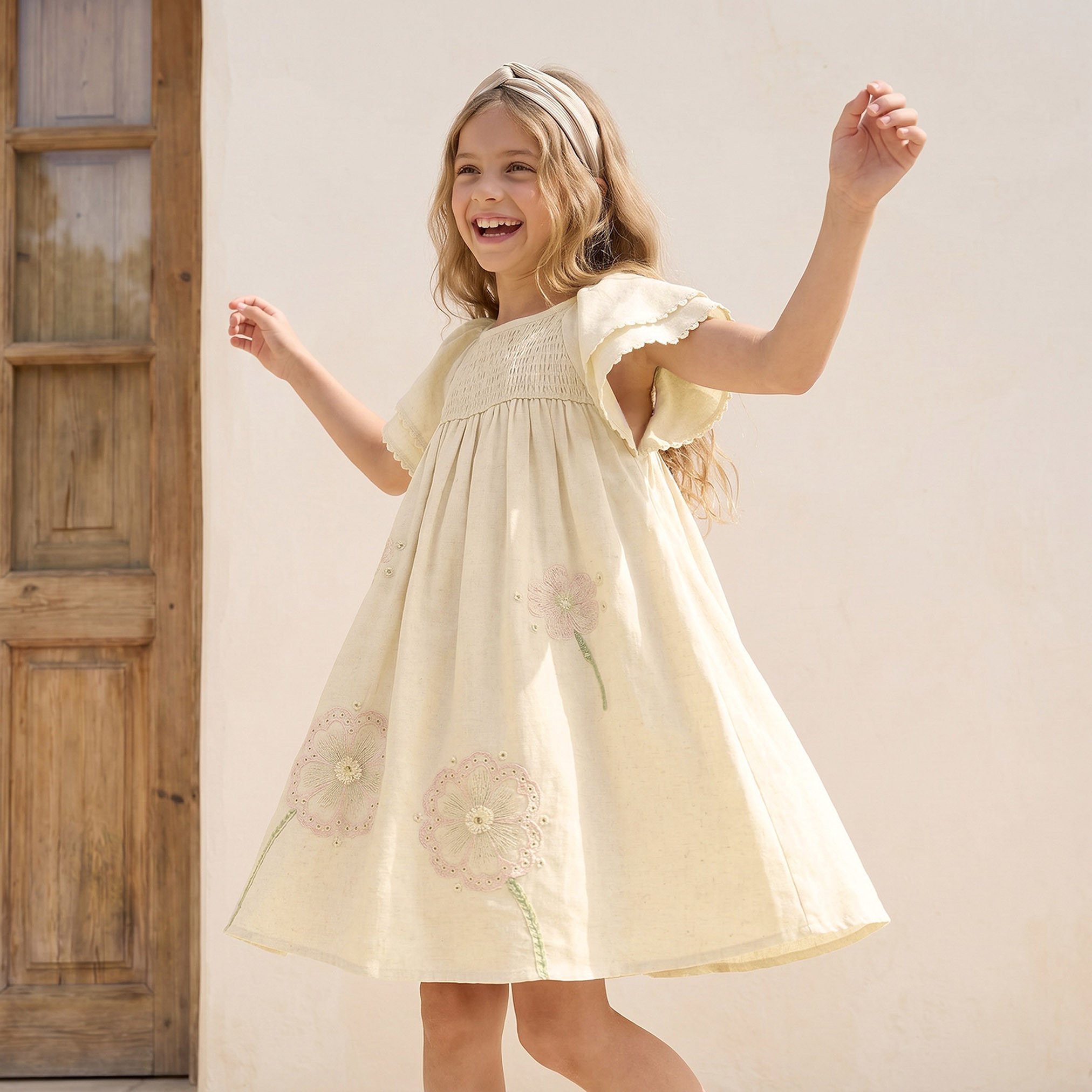 فستان بطول الركبة وياقة مستديرة وأكمام قصيرة وتطريز زهري من إليجو-girls-clothing-dressesandjumpsuits-image-5