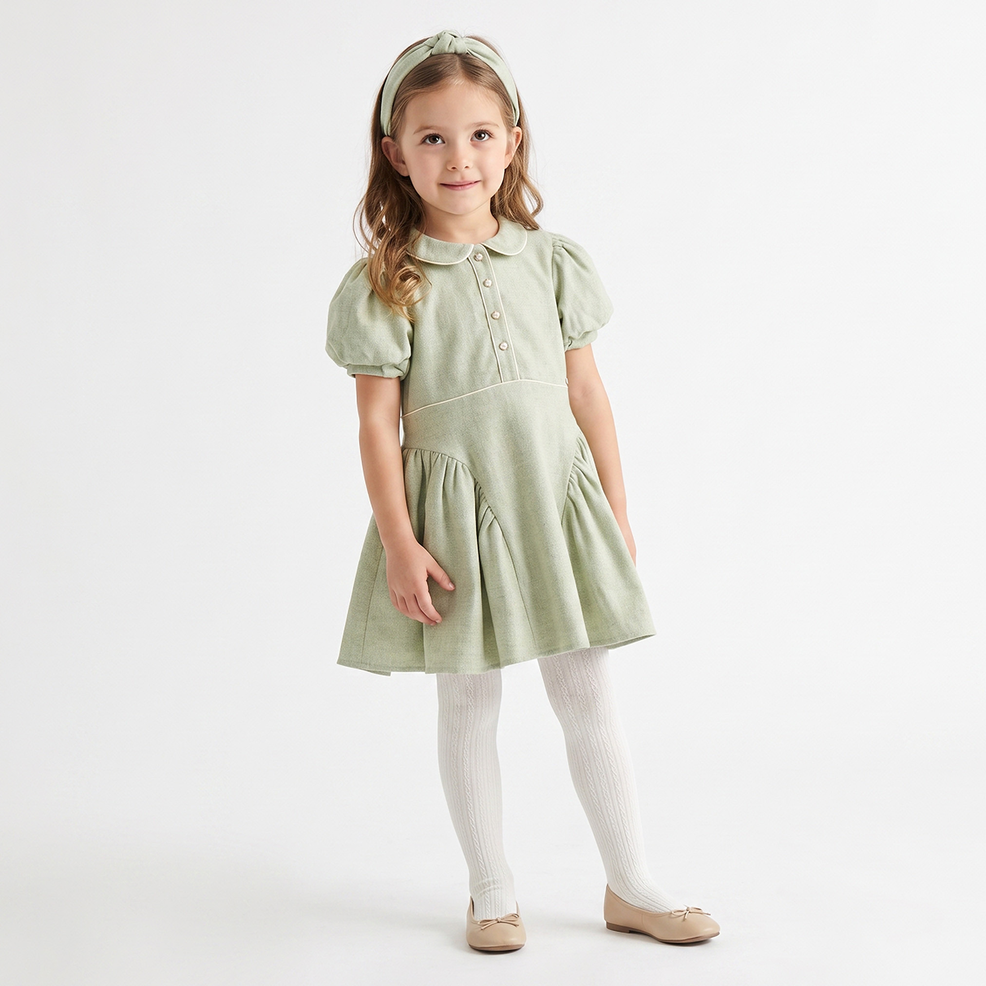 طقم فستان بطول الركبة بياقة بيتر بان وأكمام قصيرة بتصميم مقسم - قطعتين-girls-clothing-dressesandjumpsuits-image-1
