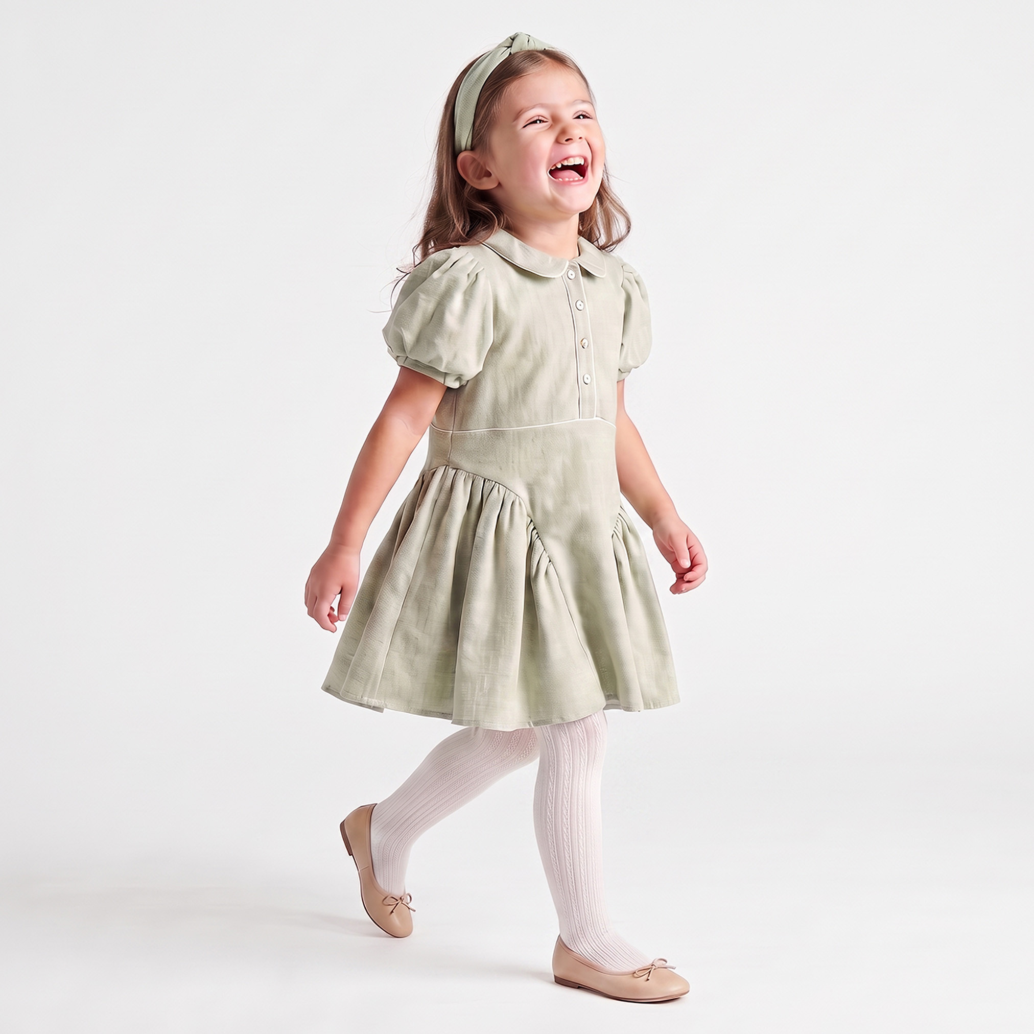 طقم فستان بطول الركبة بياقة بيتر بان وأكمام قصيرة بتصميم مقسم - قطعتين-girls-clothing-dressesandjumpsuits-image-5