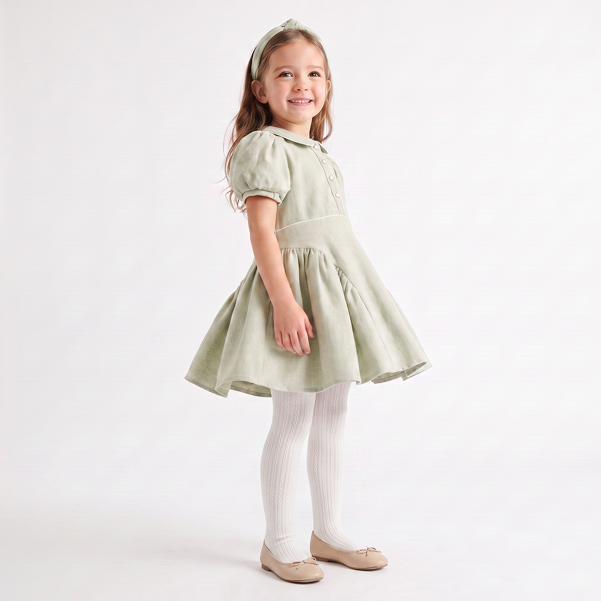 طقم فستان بطول الركبة بياقة بيتر بان وأكمام قصيرة بتصميم مقسم - قطعتين-girls-clothing-dressesandjumpsuits-image-6