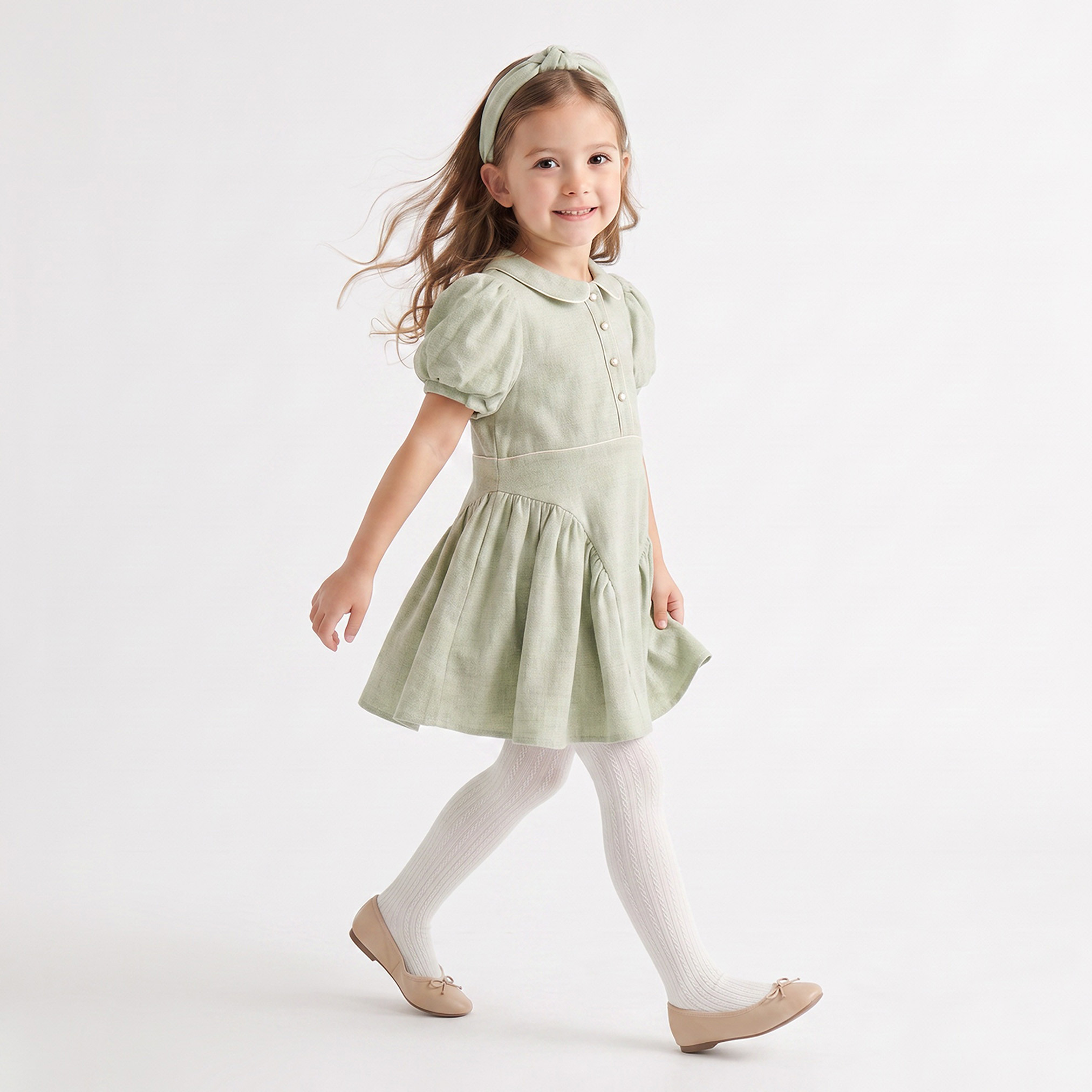 طقم فستان بطول الركبة بياقة بيتر بان وأكمام قصيرة بتصميم مقسم - قطعتين-girls-clothing-dressesandjumpsuits-image-7