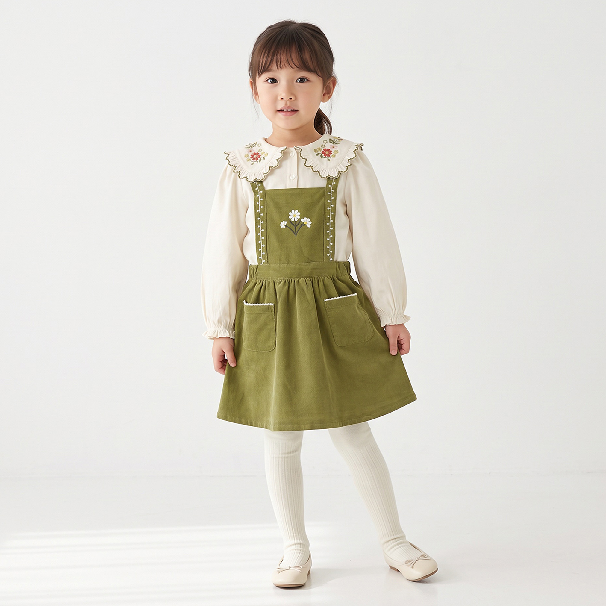 Eligo Peter Pan Collar Long Sleeves Knee Length Pinafore Dress with Tights-girls-clothing-dressesandjumpsuits-image-1