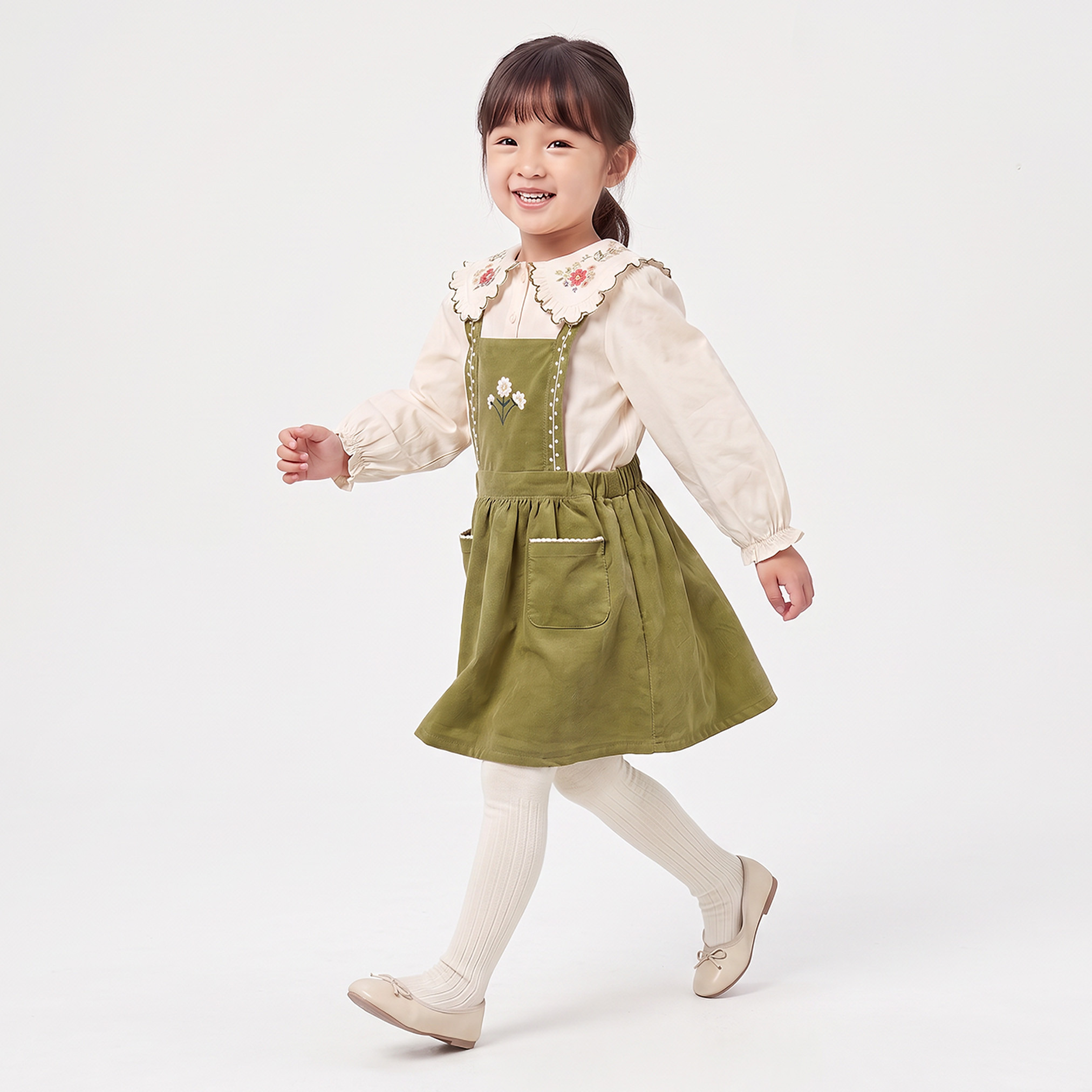 Eligo Peter Pan Collar Long Sleeves Knee Length Pinafore Dress with Tights-girls-clothing-dressesandjumpsuits-image-5