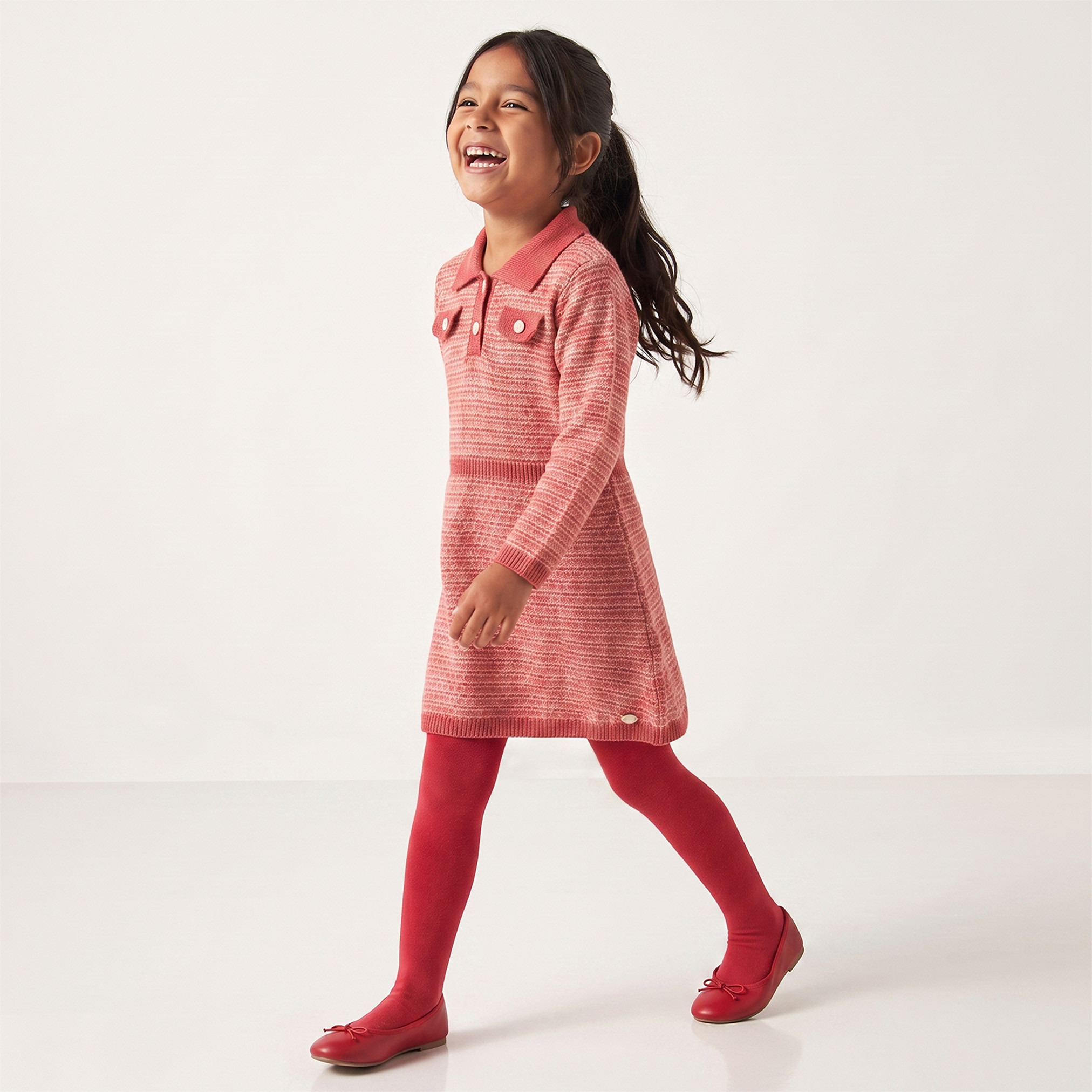 فستان إيه لاين طول الركبة بياقة عادية وأكمام طويلة مع جوارب كولون من جونيورز-girls-clothing-dressesandjumpsuits-image-1