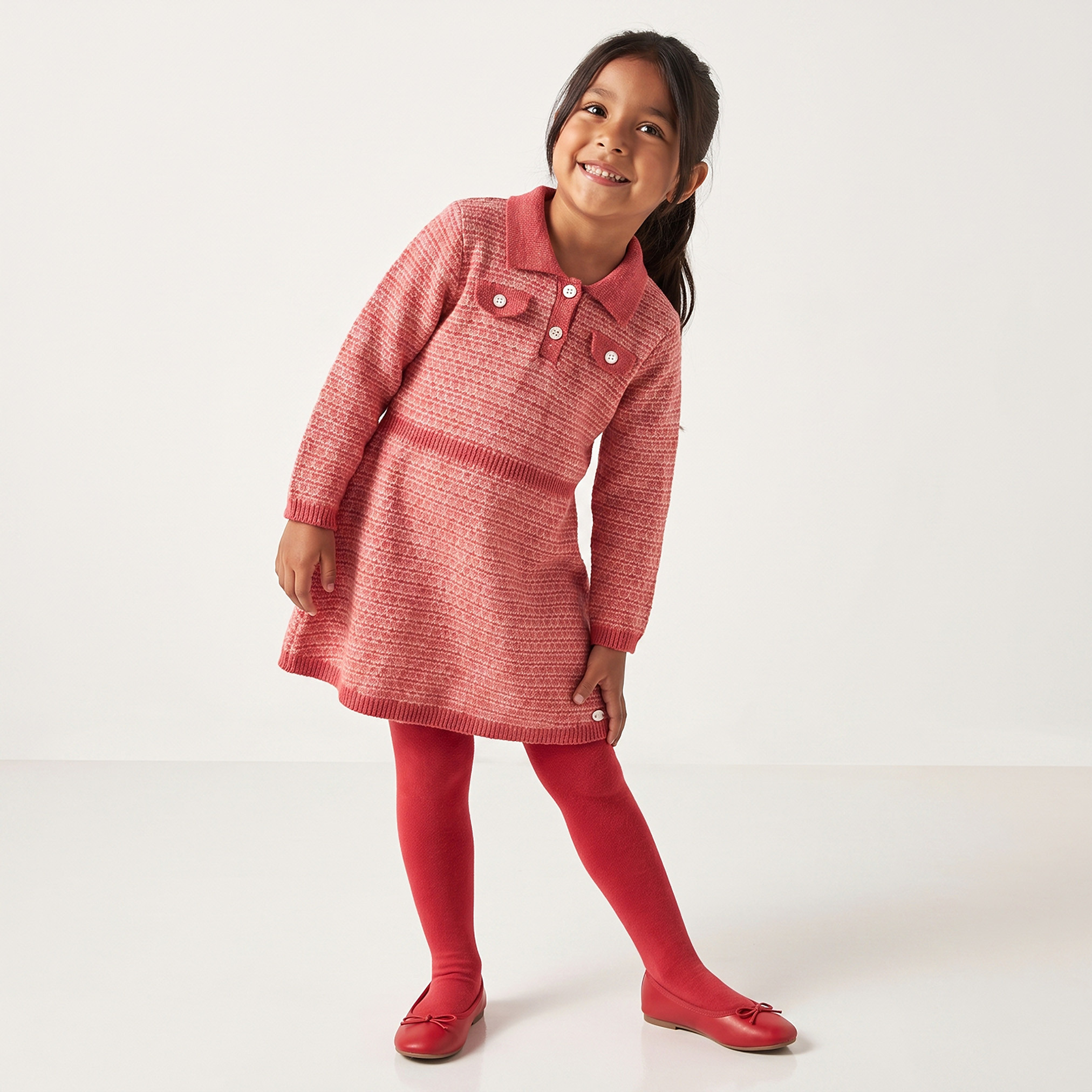 فستان إيه لاين طول الركبة بياقة عادية وأكمام طويلة مع جوارب كولون من جونيورز-girls-clothing-dressesandjumpsuits-image-4