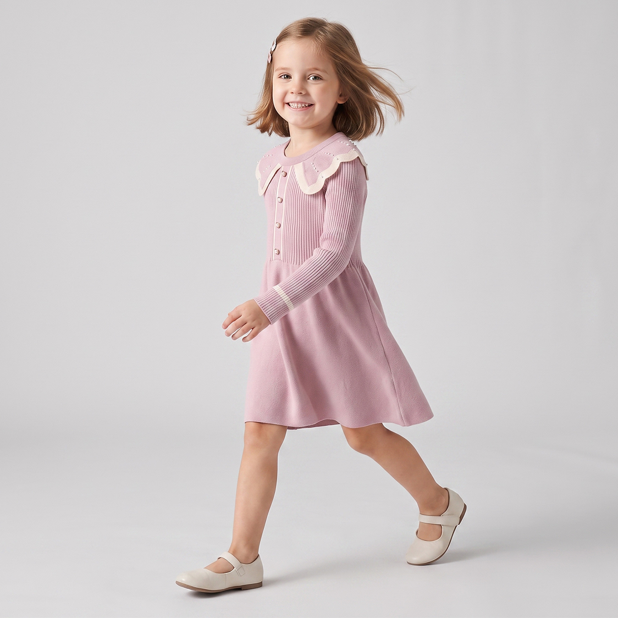 Collared Long Sleeves Knee Length A-line Dress with Embellishment-girls-clothing-dressesandjumpsuits-image-4