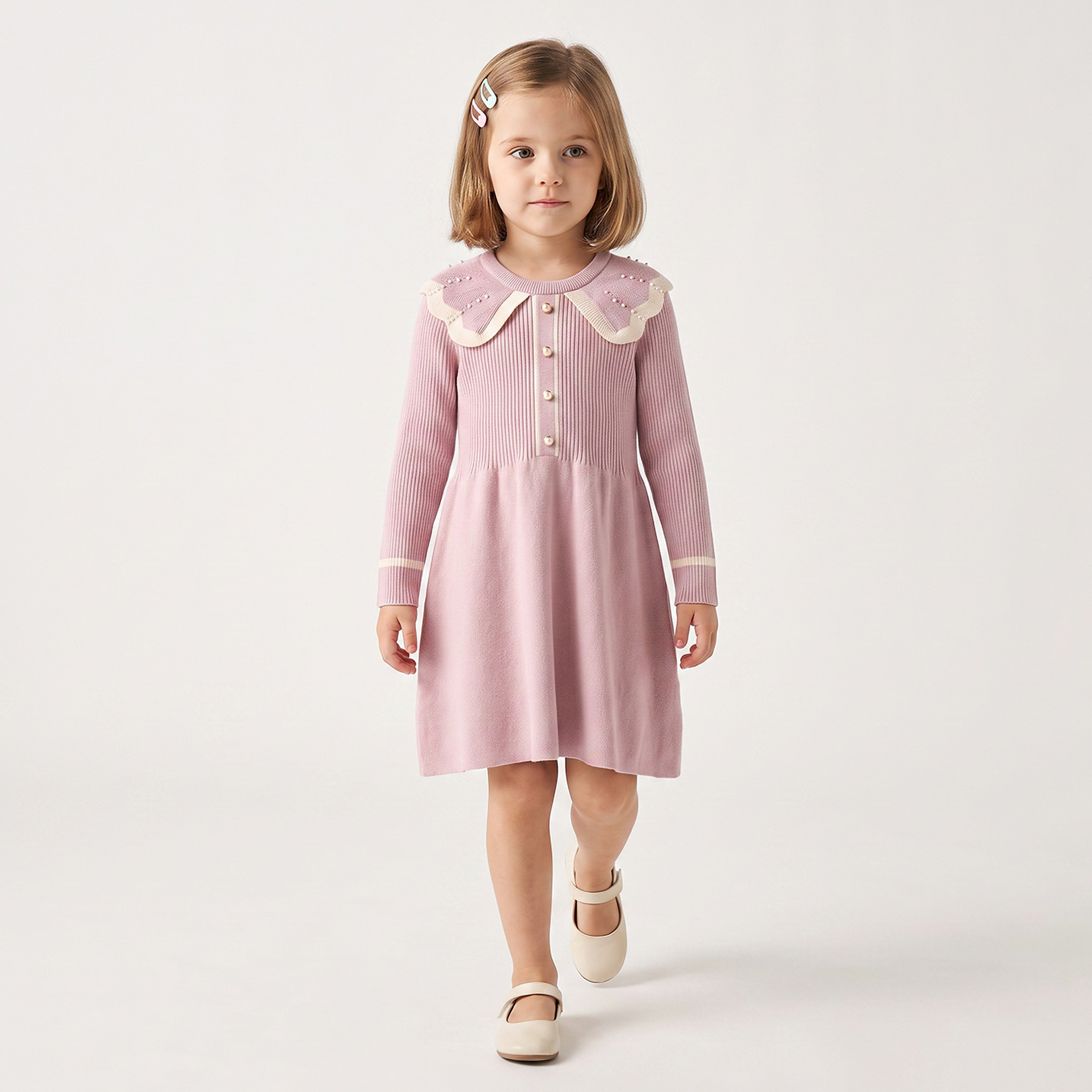 Collared Long Sleeves Knee Length A-line Dress with Embellishment-girls-clothing-dressesandjumpsuits-image-1